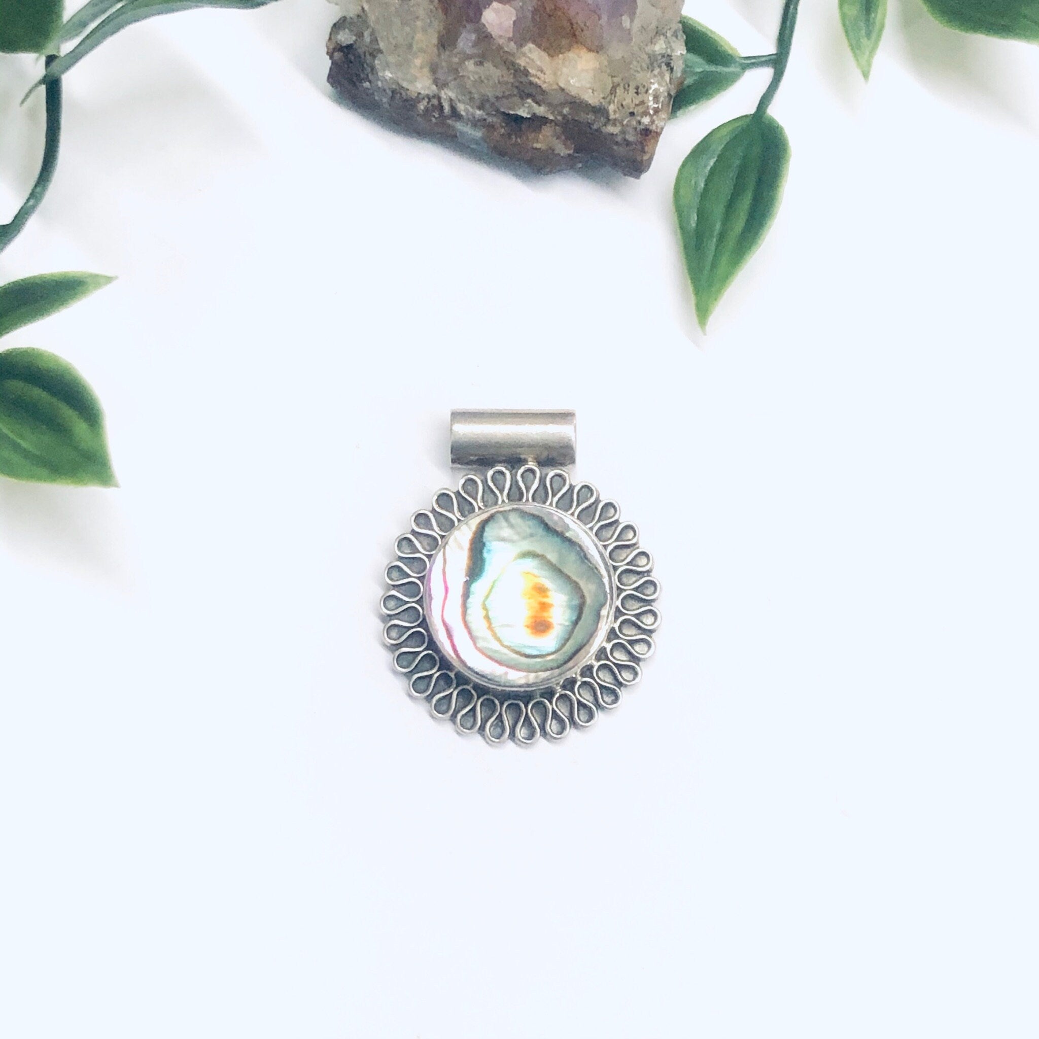 Silver and Abalone Pendant, Abalone Shell Jewelry, Round Pendant, Vintage Silver Pendant, Purple and Green Pendant