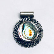 Silver and Abalone Pendant, Abalone Shell Jewelry, Round Pendant, Vintage Silver Pendant, Purple and Green Pendant