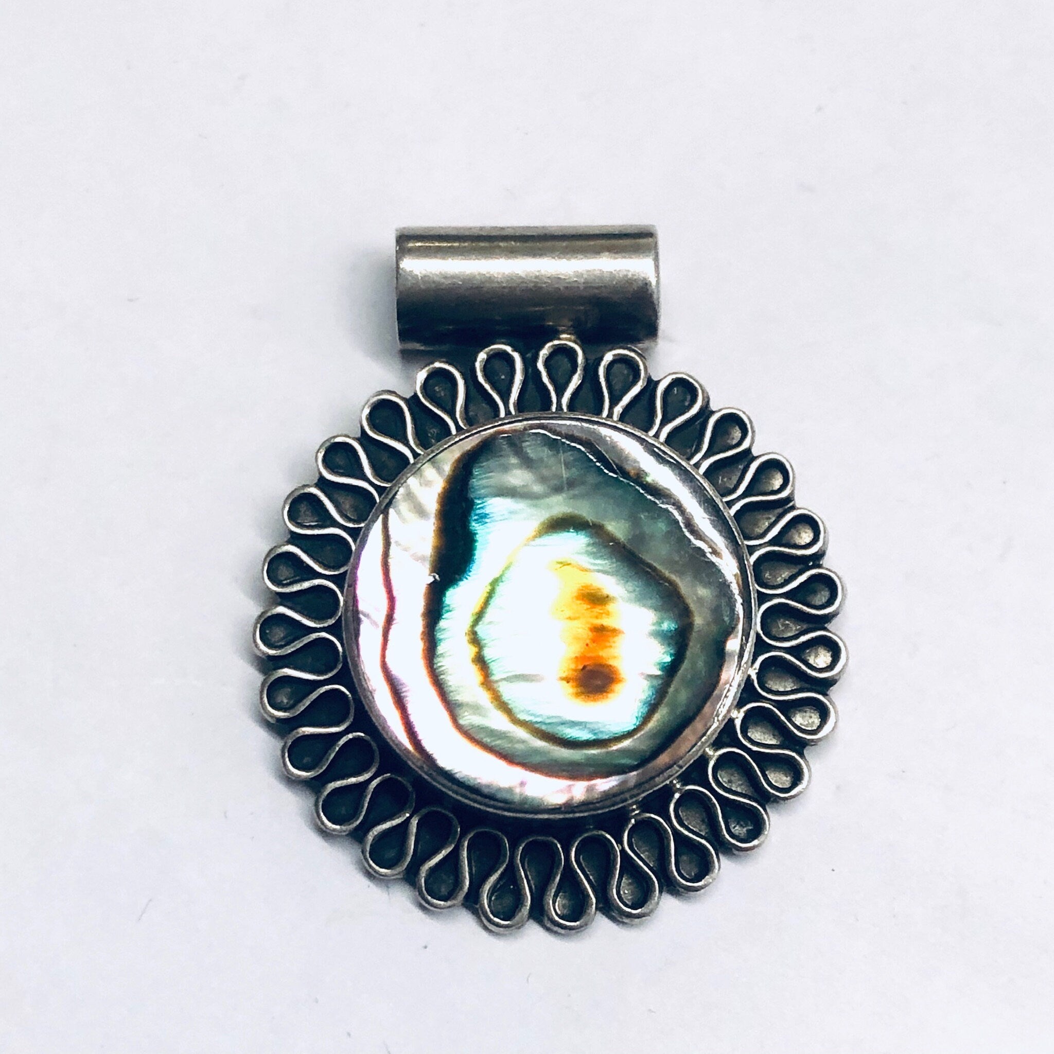 Silver and Abalone Pendant, Abalone Shell Jewelry, Round Pendant, Vintage Silver Pendant, Purple and Green Pendant