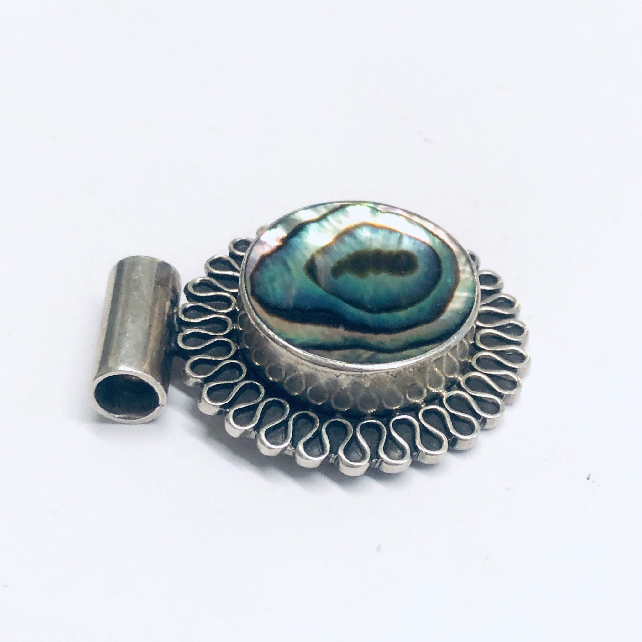 Silver and Abalone Pendant, Abalone Shell Jewelry, Round Pendant, Vintage Silver Pendant, Purple and Green Pendant