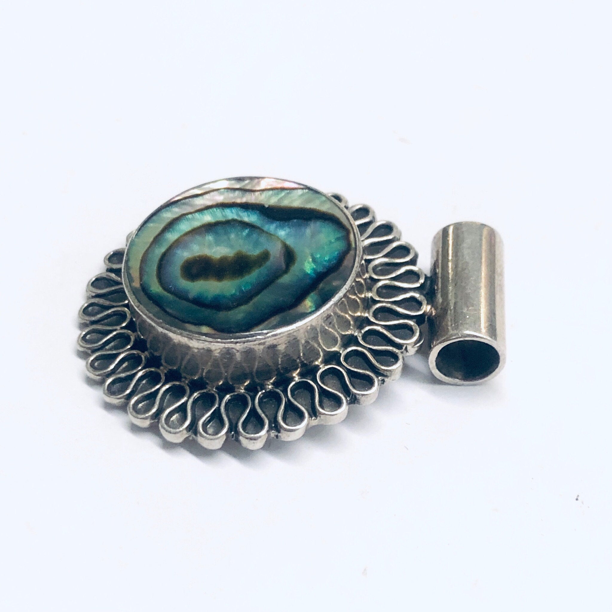 Silver and Abalone Pendant, Abalone Shell Jewelry, Round Pendant, Vintage Silver Pendant, Purple and Green Pendant