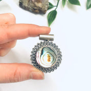 Silver and Abalone Pendant, Abalone Shell Jewelry, Round Pendant, Vintage Silver Pendant, Purple and Green Pendant