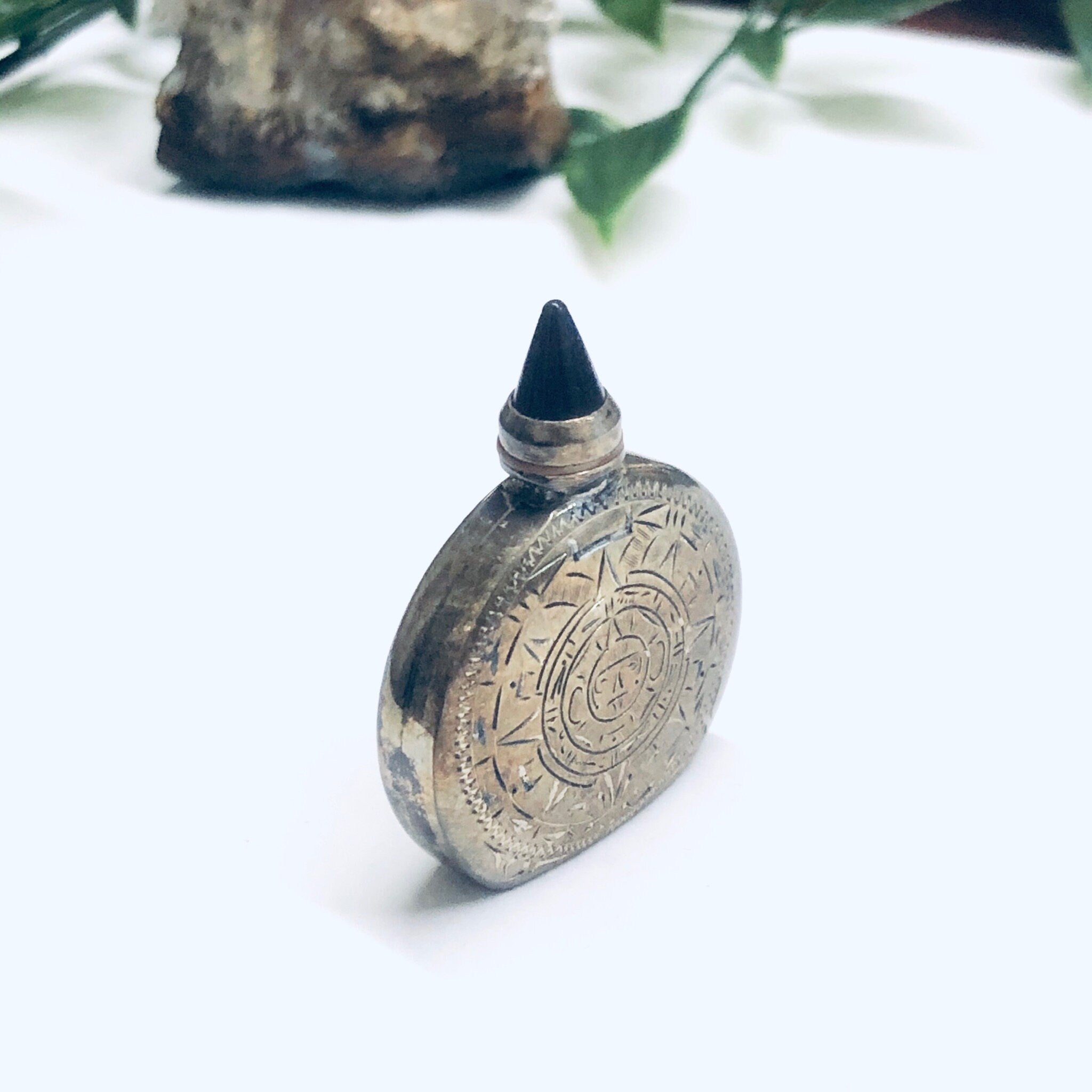 Small Vintage Silver Perfume Bottle, Perfume Bottle with Screw Top and Spoon, Etched Silver Sun Bottle, Essential Oil Bottle