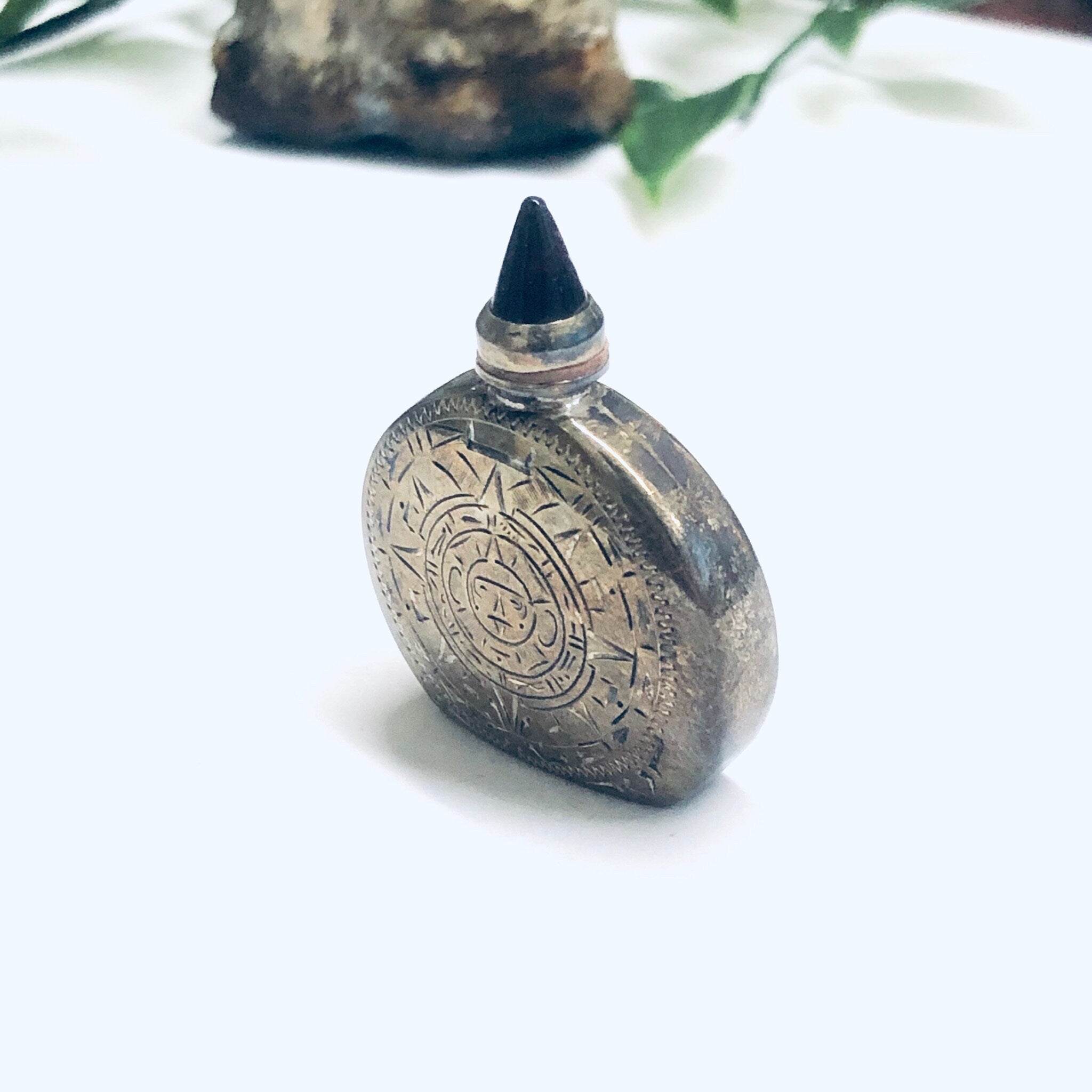 Small Vintage Silver Perfume Bottle, Perfume Bottle with Screw Top and Spoon, Etched Silver Sun Bottle, Essential Oil Bottle
