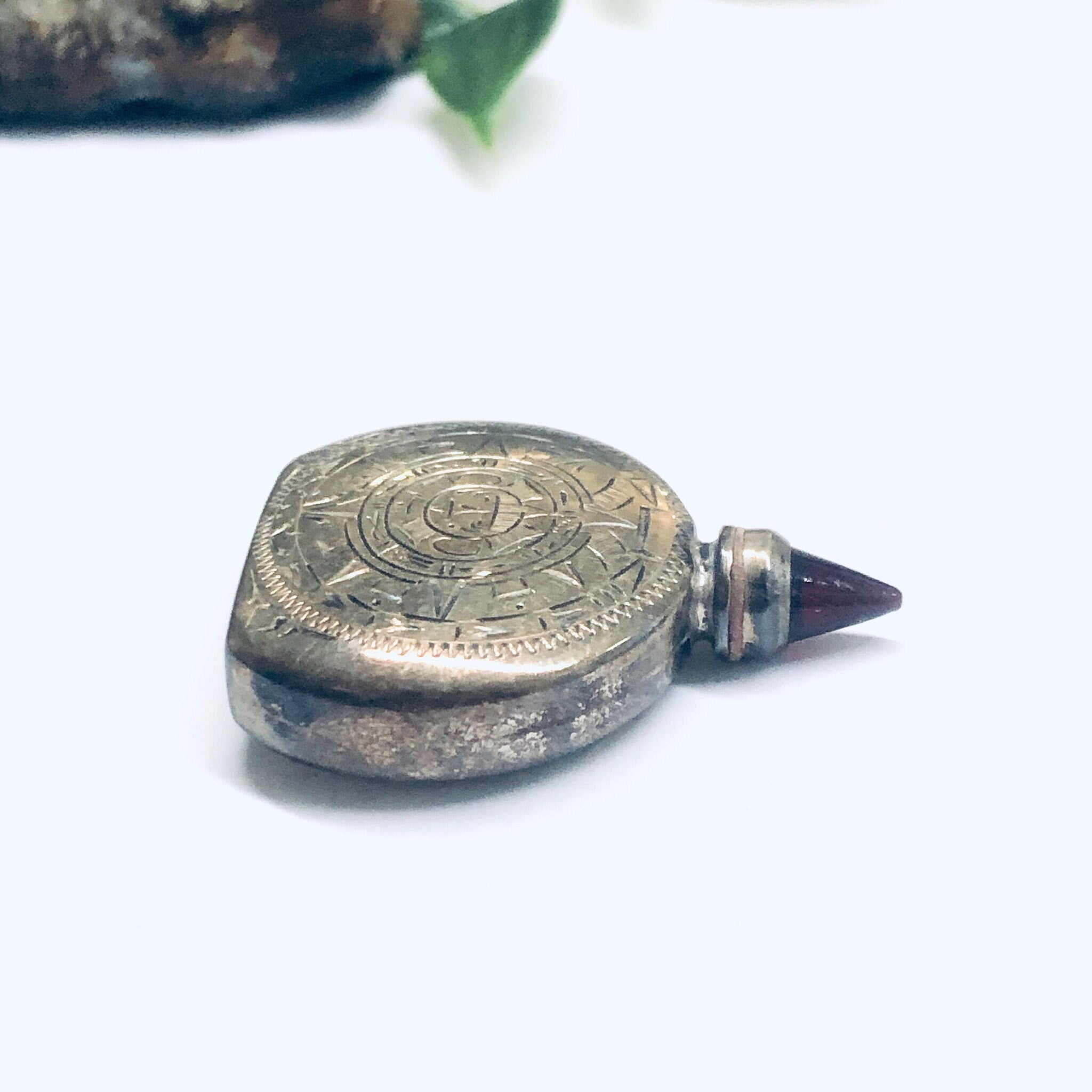 Small Vintage Silver Perfume Bottle, Perfume Bottle with Screw Top and Spoon, Etched Silver Sun Bottle, Essential Oil Bottle