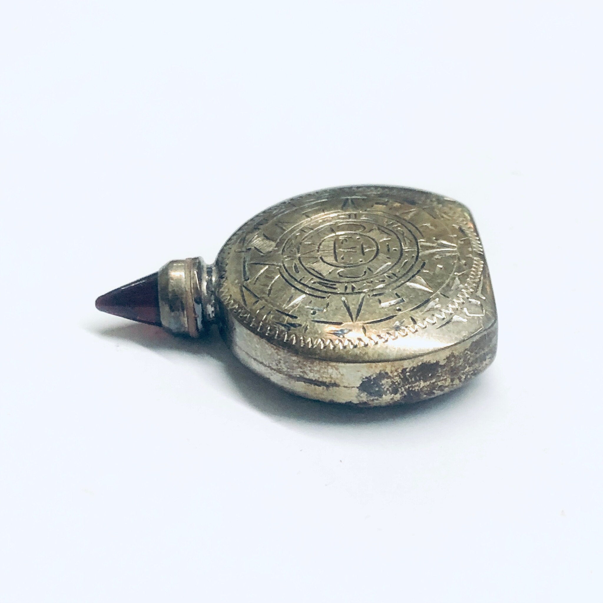 Small Vintage Silver Perfume Bottle, Perfume Bottle with Screw Top and Spoon, Etched Silver Sun Bottle, Essential Oil Bottle