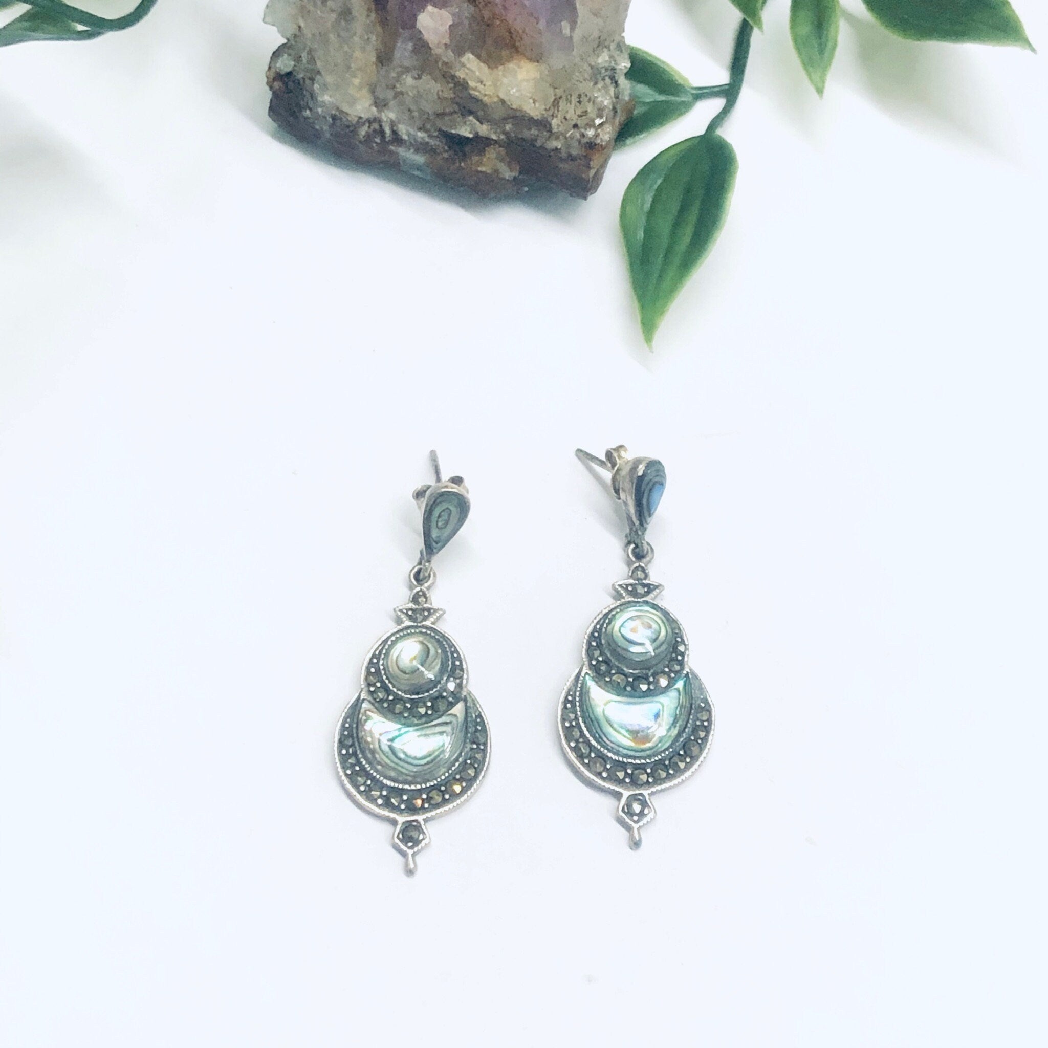 Vintage Abalone and Silver Earrings, Silver Dangle Earrings, Abalone Shell Earrings, Earrings for Pierced Ears, Marcasite Earrings