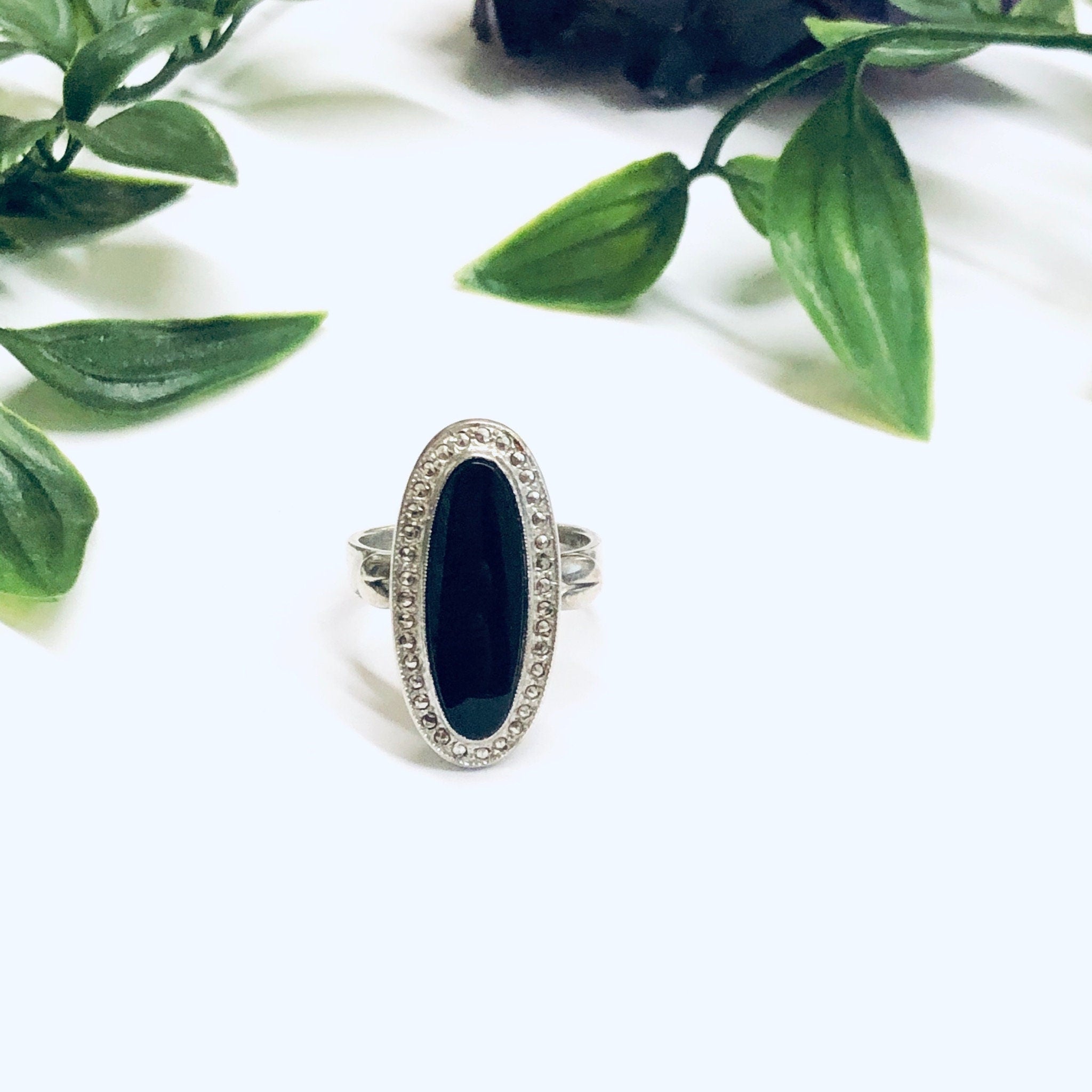 Black Onyx and Marcasite Ring, Silver and Onyx Ring, Long Ring, Black and Silver Ring, Marcasite Jewelry