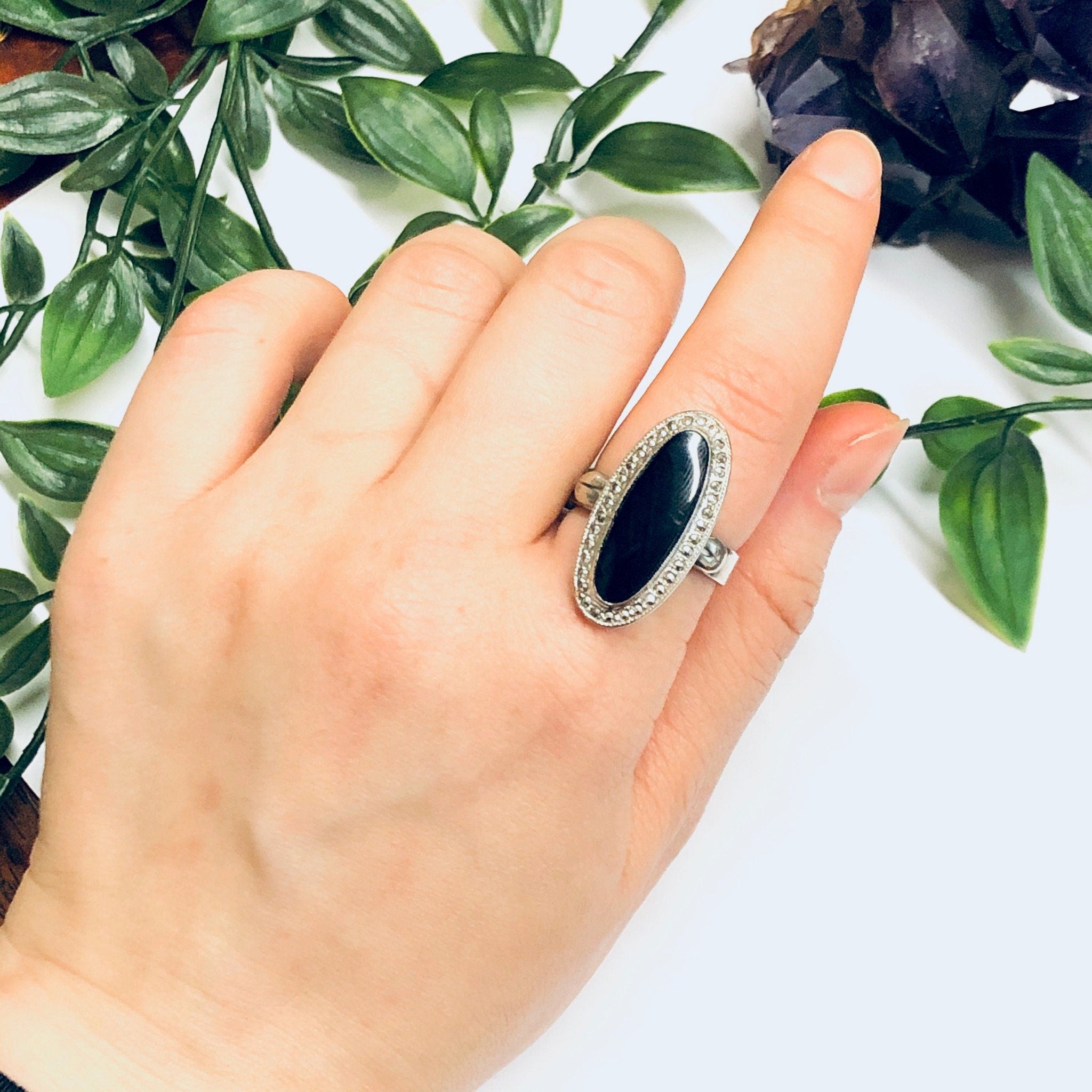 Black Onyx and Marcasite Ring, Silver and Onyx Ring, Long Ring, Black and Silver Ring, Marcasite Jewelry
