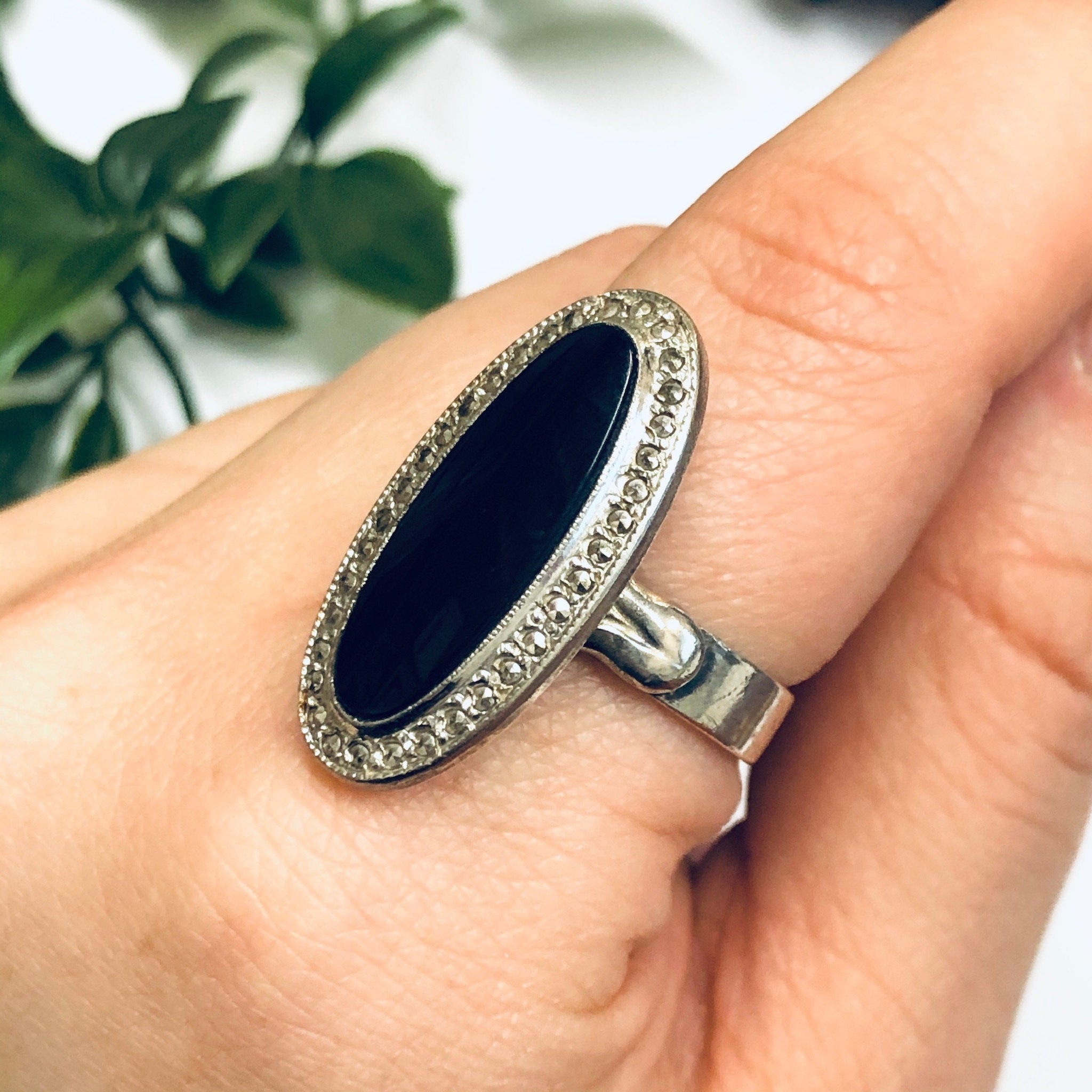 Black Onyx and Marcasite Ring, Silver and Onyx Ring, Long Ring, Black and Silver Ring, Marcasite Jewelry