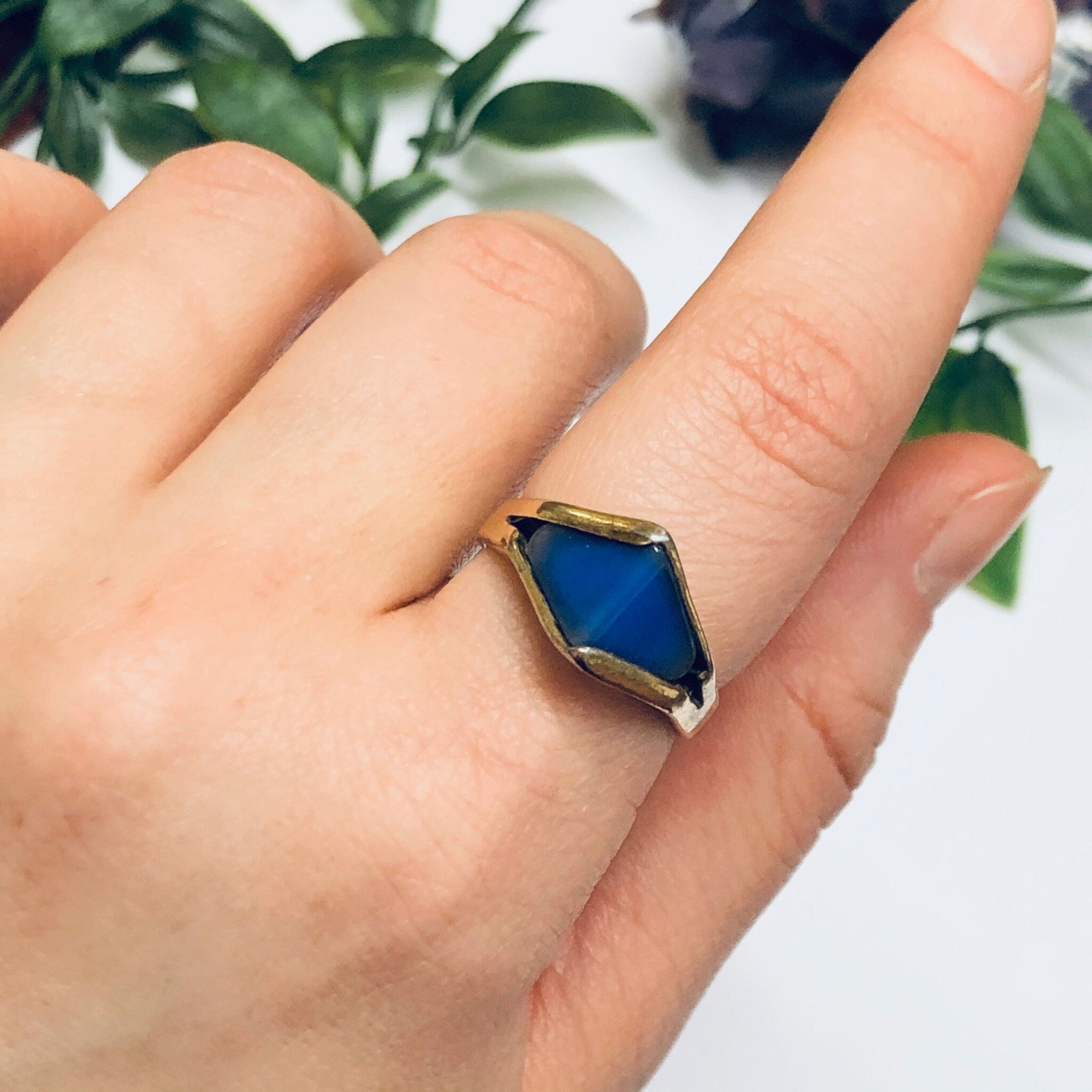 Vintage Gold Toned Ring with Purple Stone, Gold Filled Ring, Unique Jewelry, Statement Ring, Blue Stone Ring