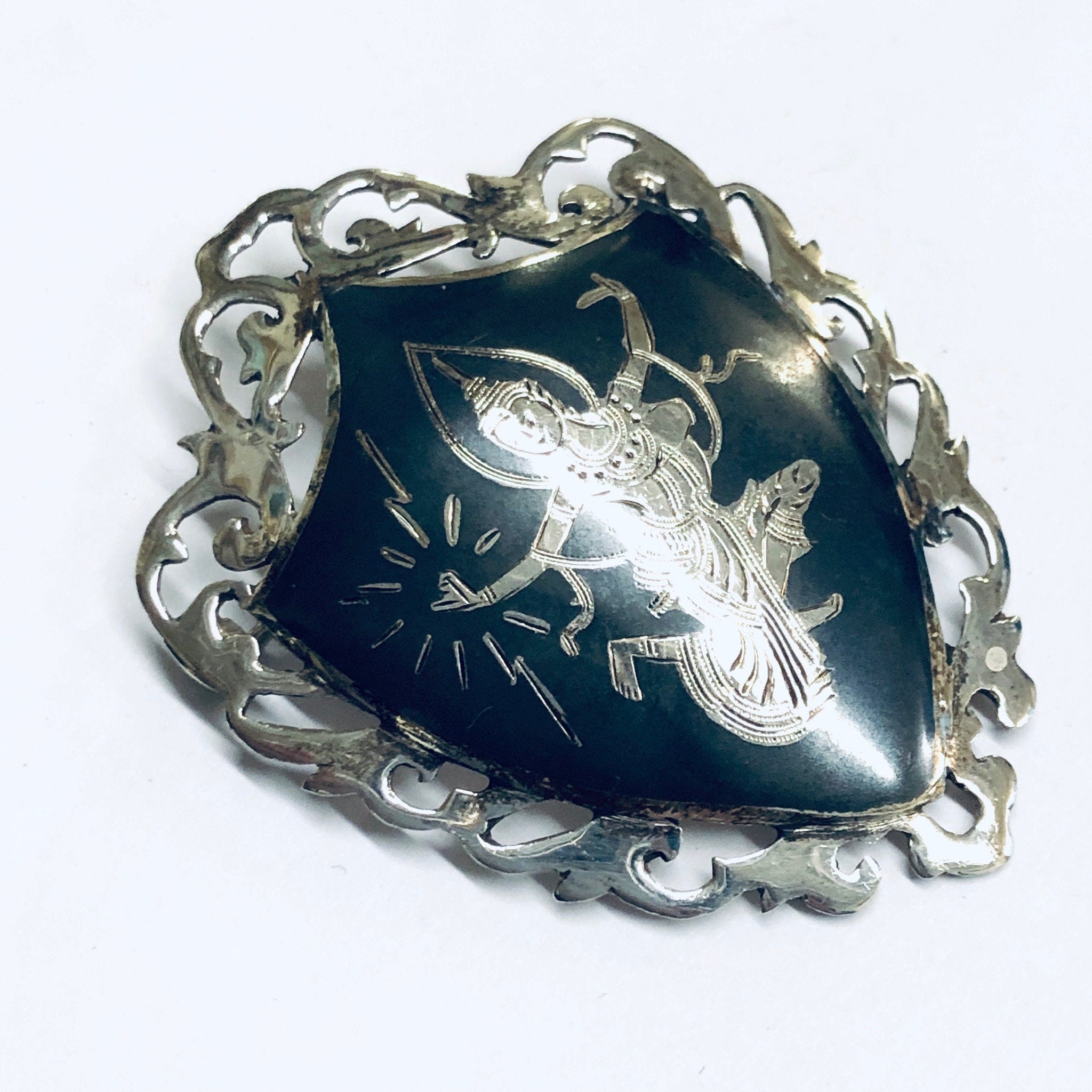 Signed Amfarco Siam Sterling Brooch, Siam Sterling Jewelry, Goddess Brooch, Mekkala Pin, Goddess of Lightening, Silver Pin