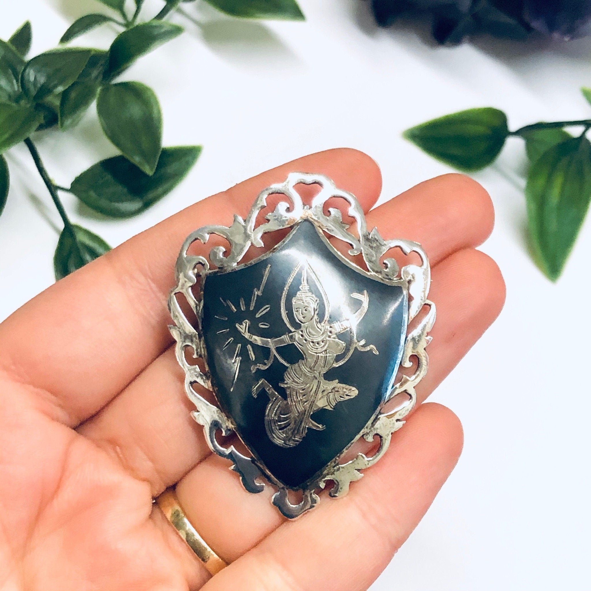 Signed Amfarco Siam Sterling Brooch, Siam Sterling Jewelry, Goddess Brooch, Mekkala Pin, Goddess of Lightening, Silver Pin