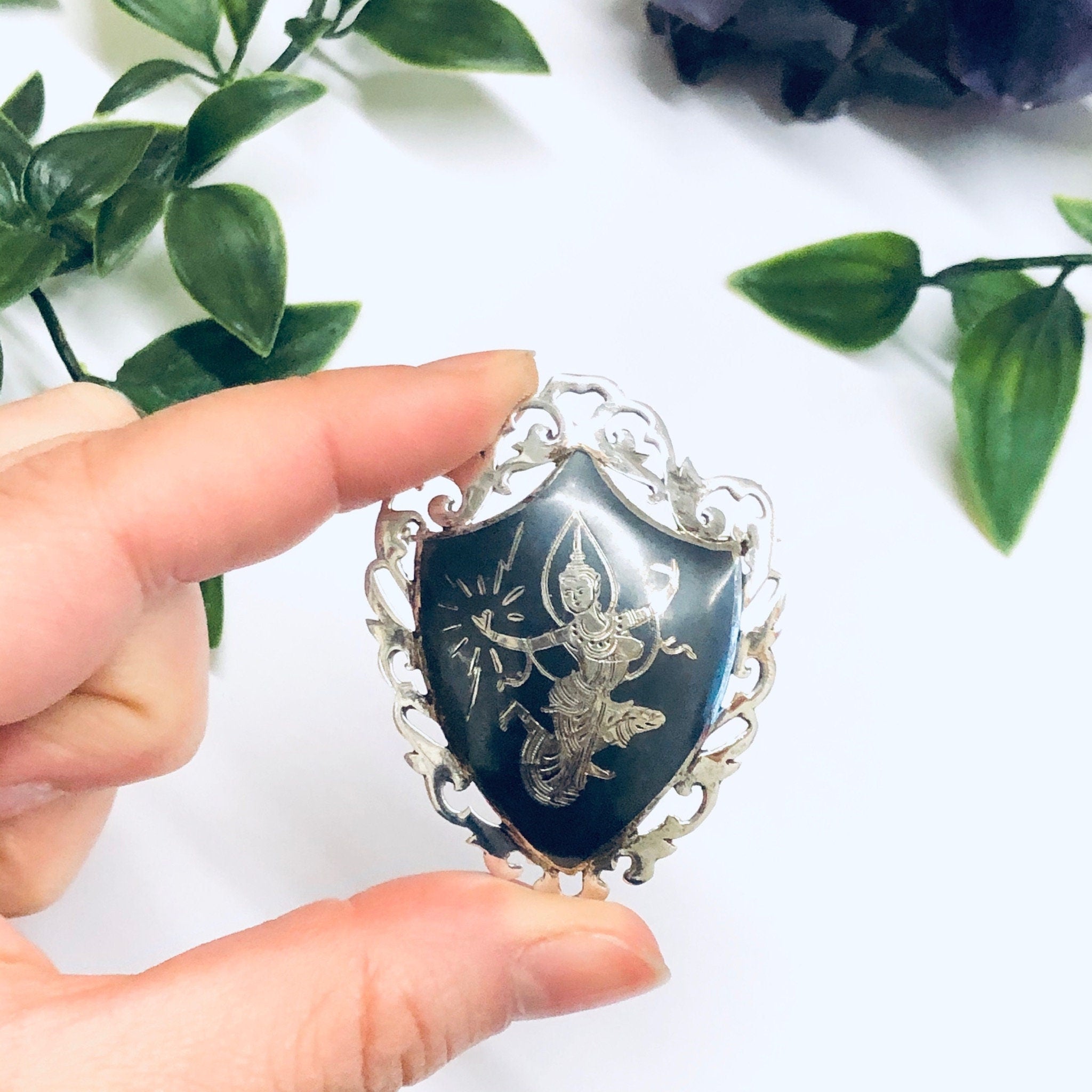 Signed Amfarco Siam Sterling Brooch, Siam Sterling Jewelry, Goddess Brooch, Mekkala Pin, Goddess of Lightening, Silver Pin