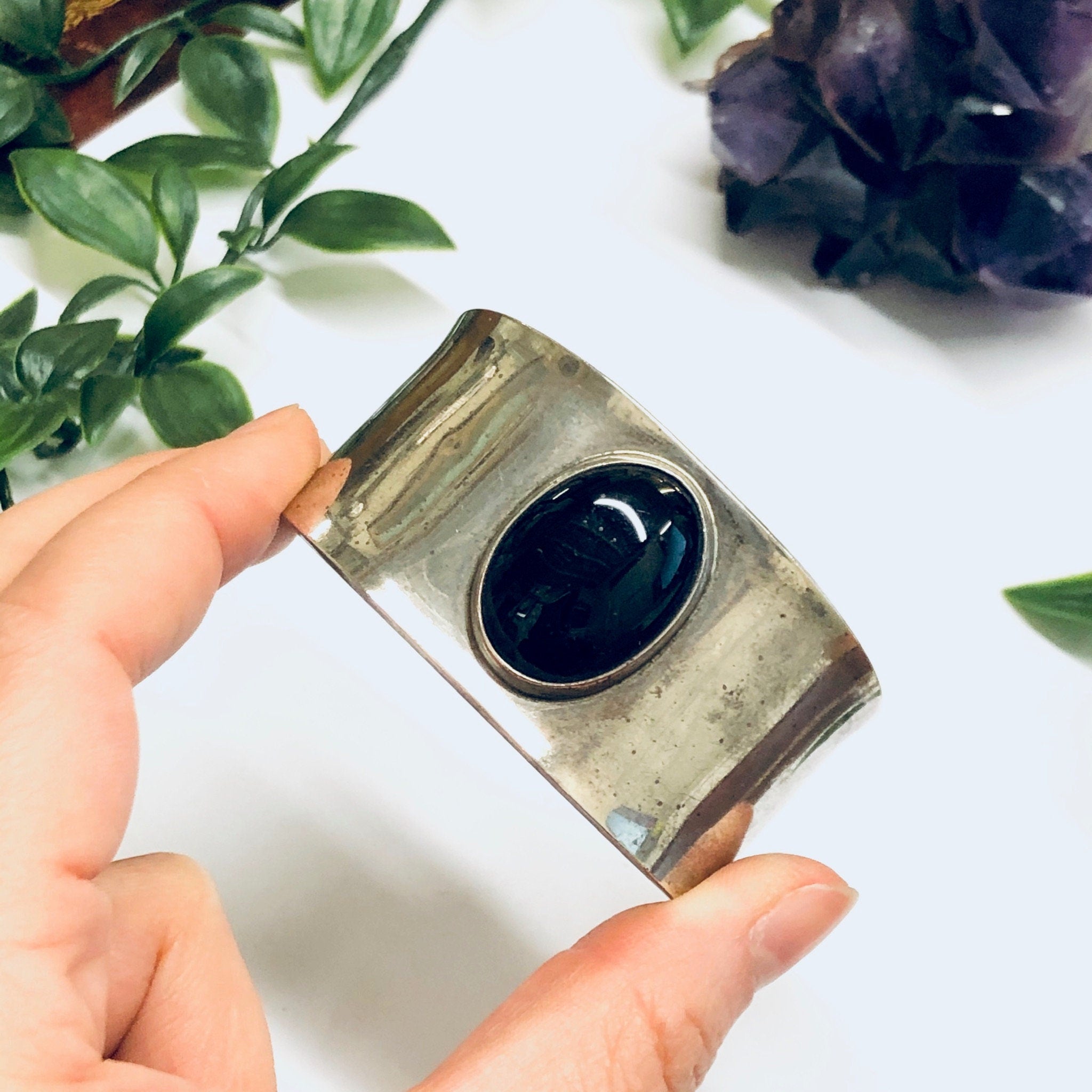 Vintage Silver Cuff Bracelet with Onyx Stone, Vintage Silver Cuff, Onyx Jewelry, Large Silver Cuff, Vintage Bracelet
