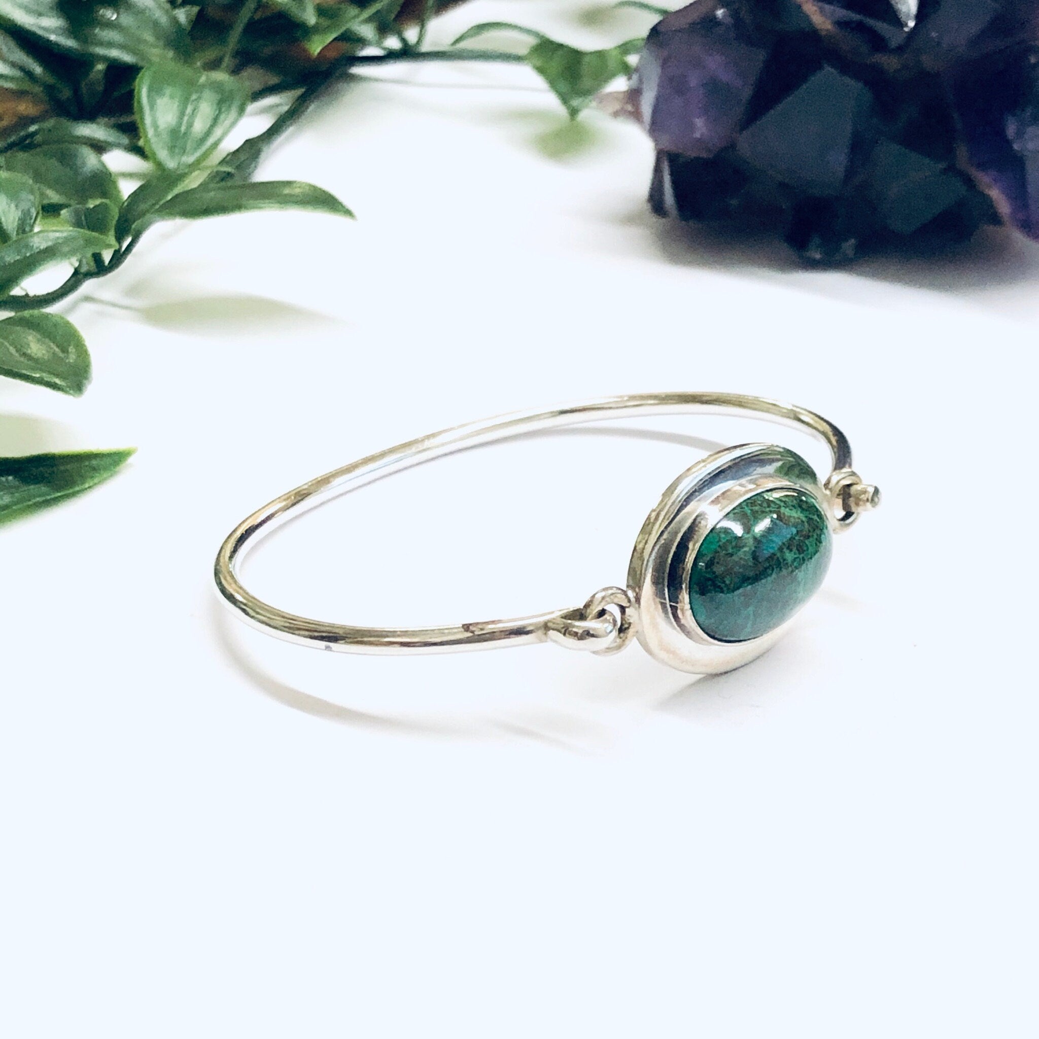 Vintage Silver Bangle Bracelet with Turquoise Stone, Green turquoise Bracelet, Unique Jewelry, Minimalist Style Bracelet