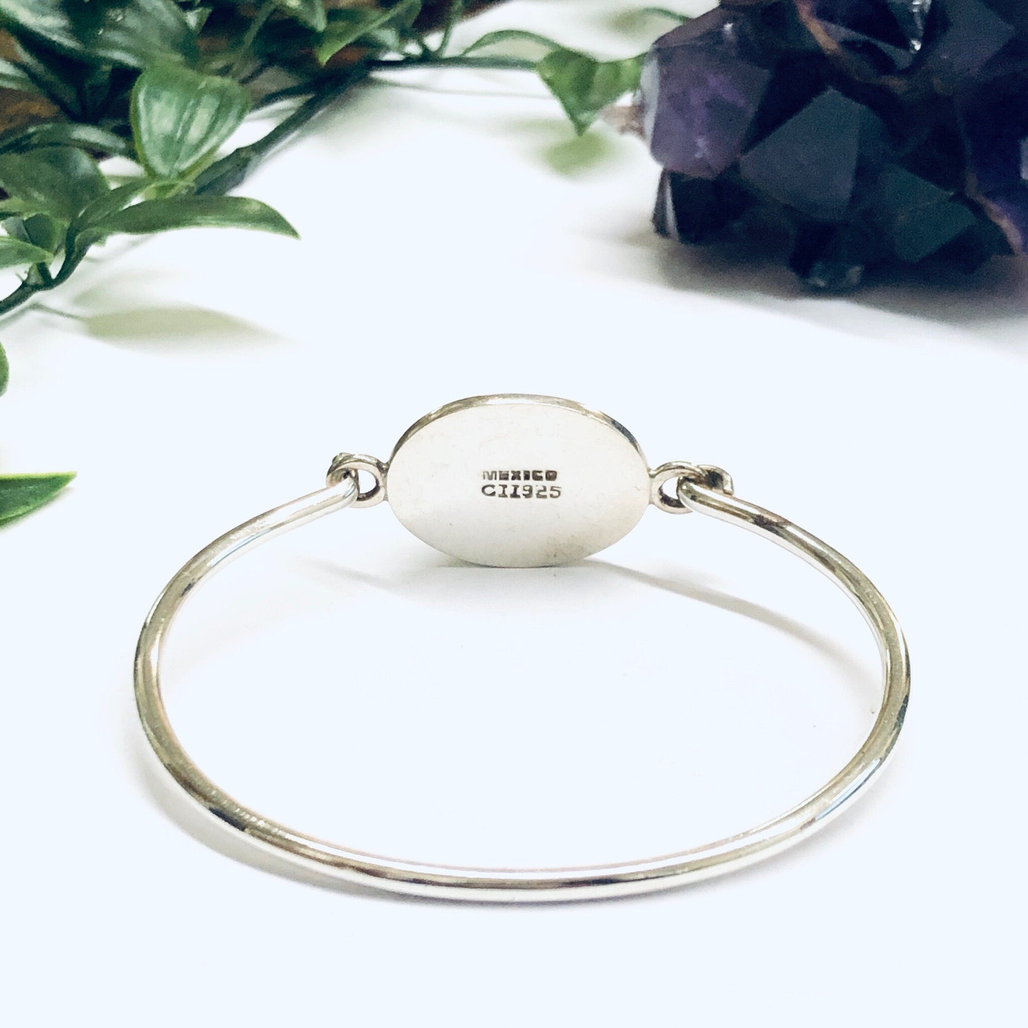 Vintage Silver Bangle Bracelet with Turquoise Stone, Green turquoise Bracelet, Unique Jewelry, Minimalist Style Bracelet