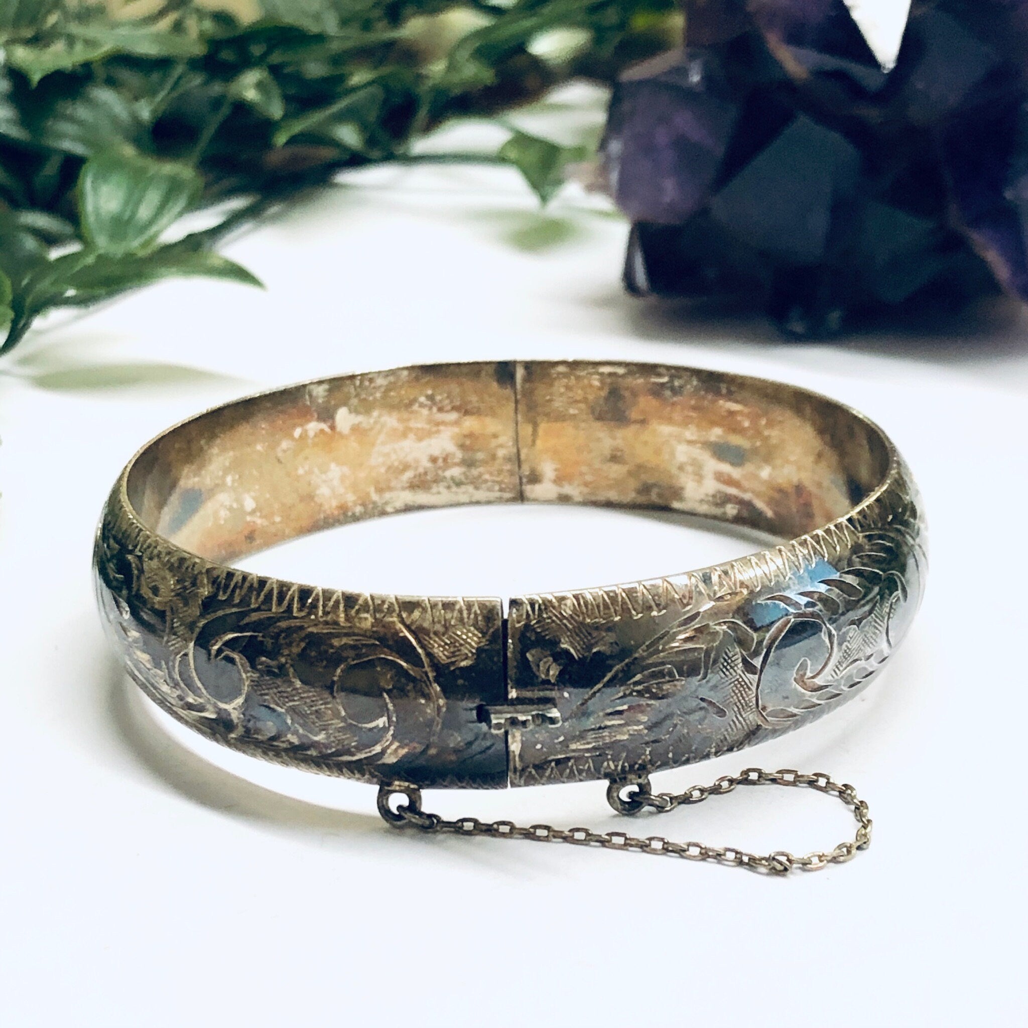 Vintage Etched Silver Bangle, Etched Bracelet, Vintage Bracelet, Vintage Bangle, Swirl Etching Bracelet