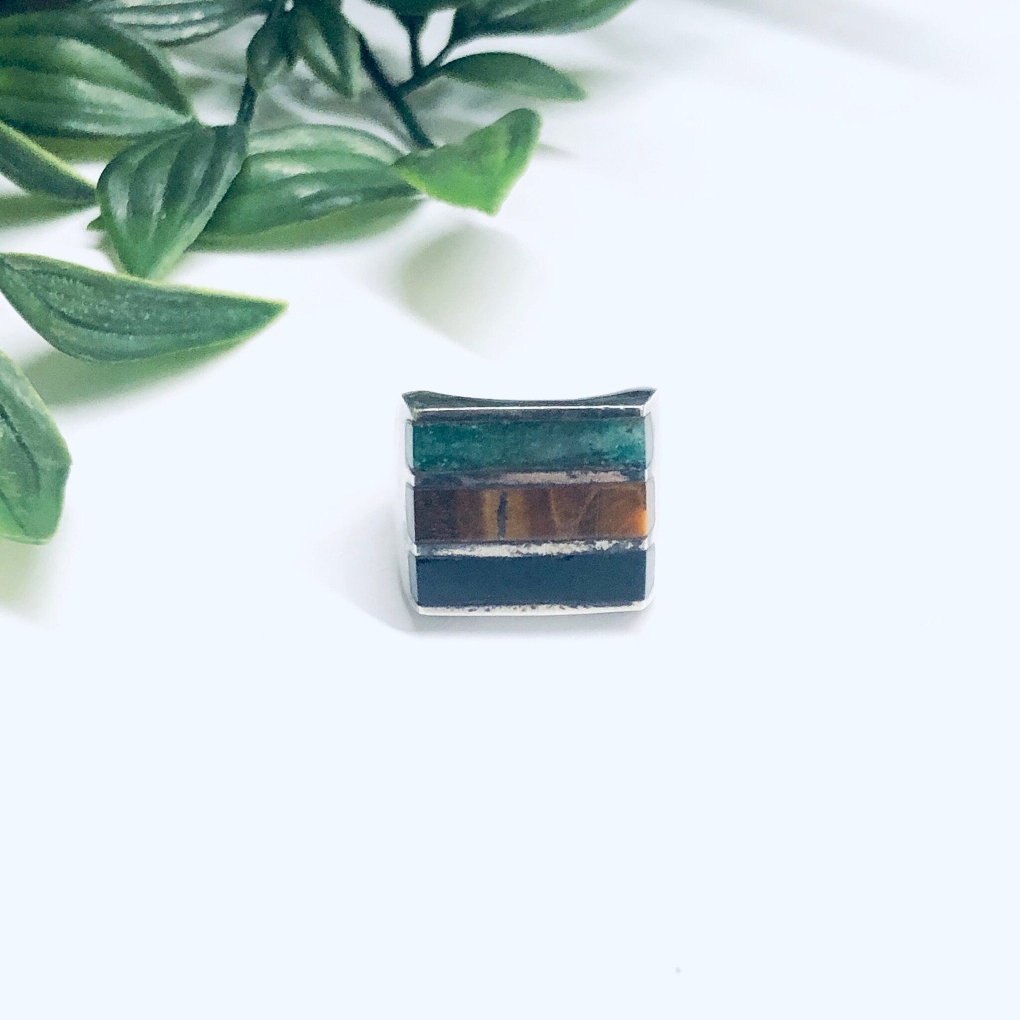 Silver Ring with Natural Inlaid Stones, Black Onyx Ring, Tigers Eye Jewelry, Mens Ring, Vintage Silver Ring
