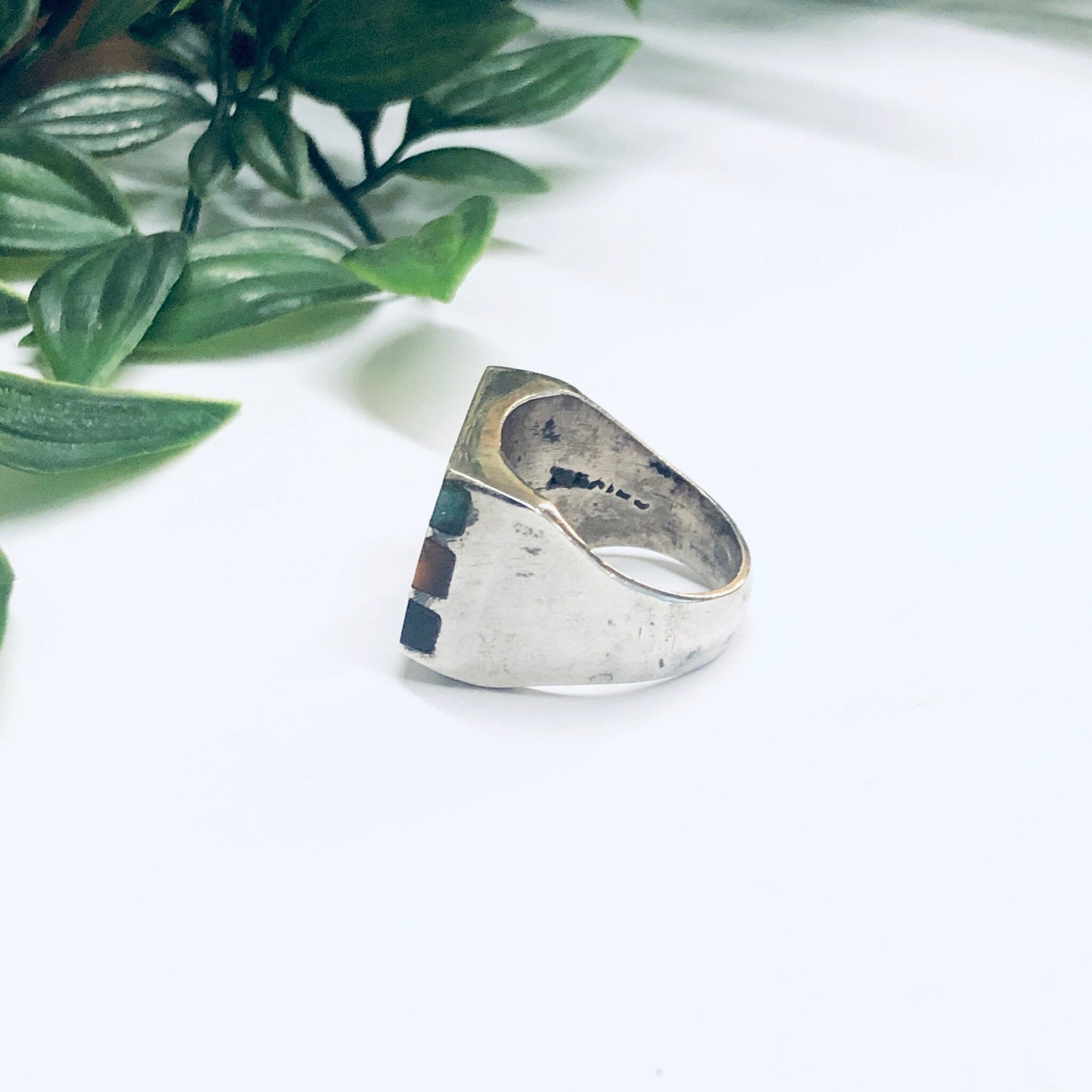 Silver Ring with Natural Inlaid Stones, Black Onyx Ring, Tigers Eye Jewelry, Mens Ring, Vintage Silver Ring