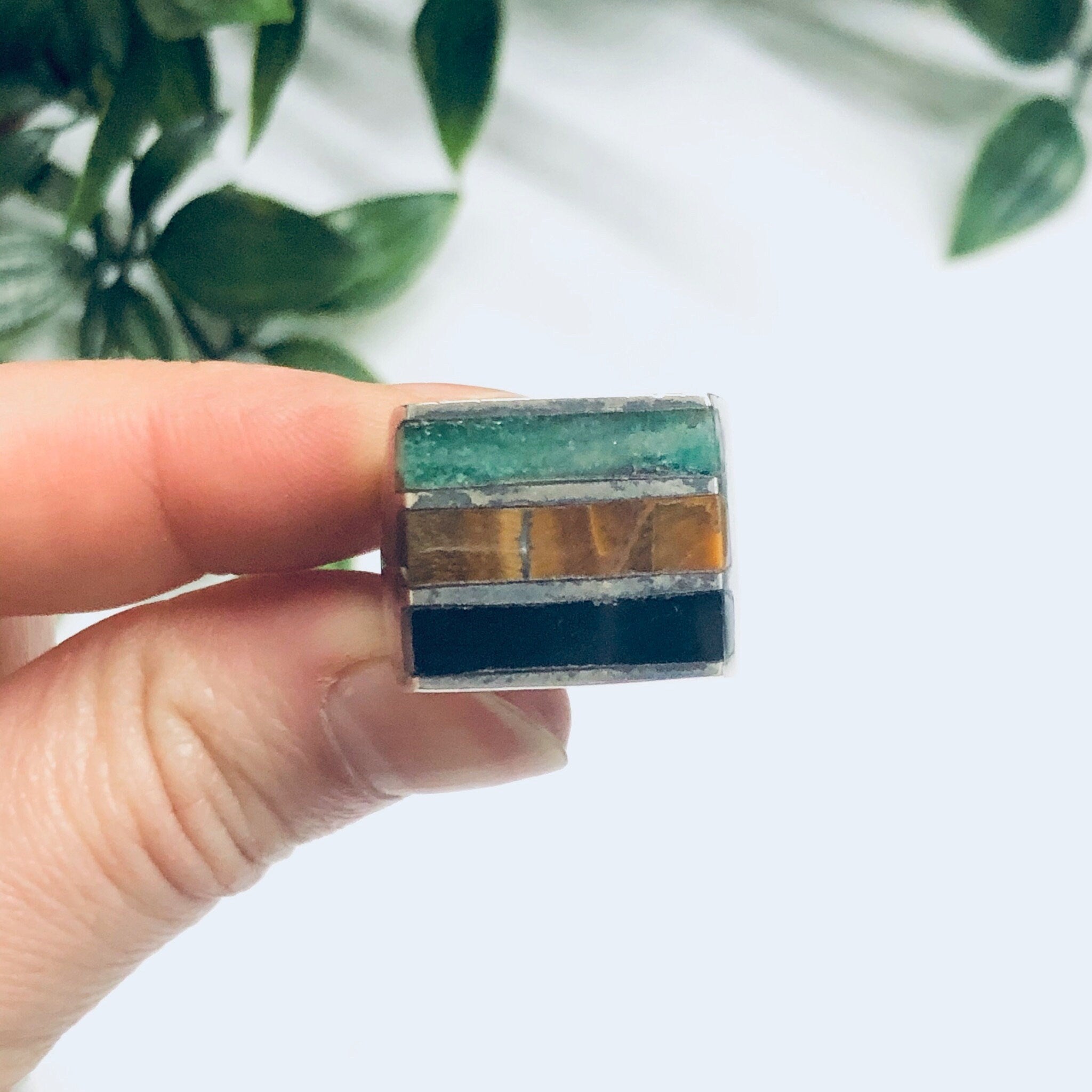 Silver Ring with Natural Inlaid Stones, Black Onyx Ring, Tigers Eye Jewelry, Mens Ring, Vintage Silver Ring