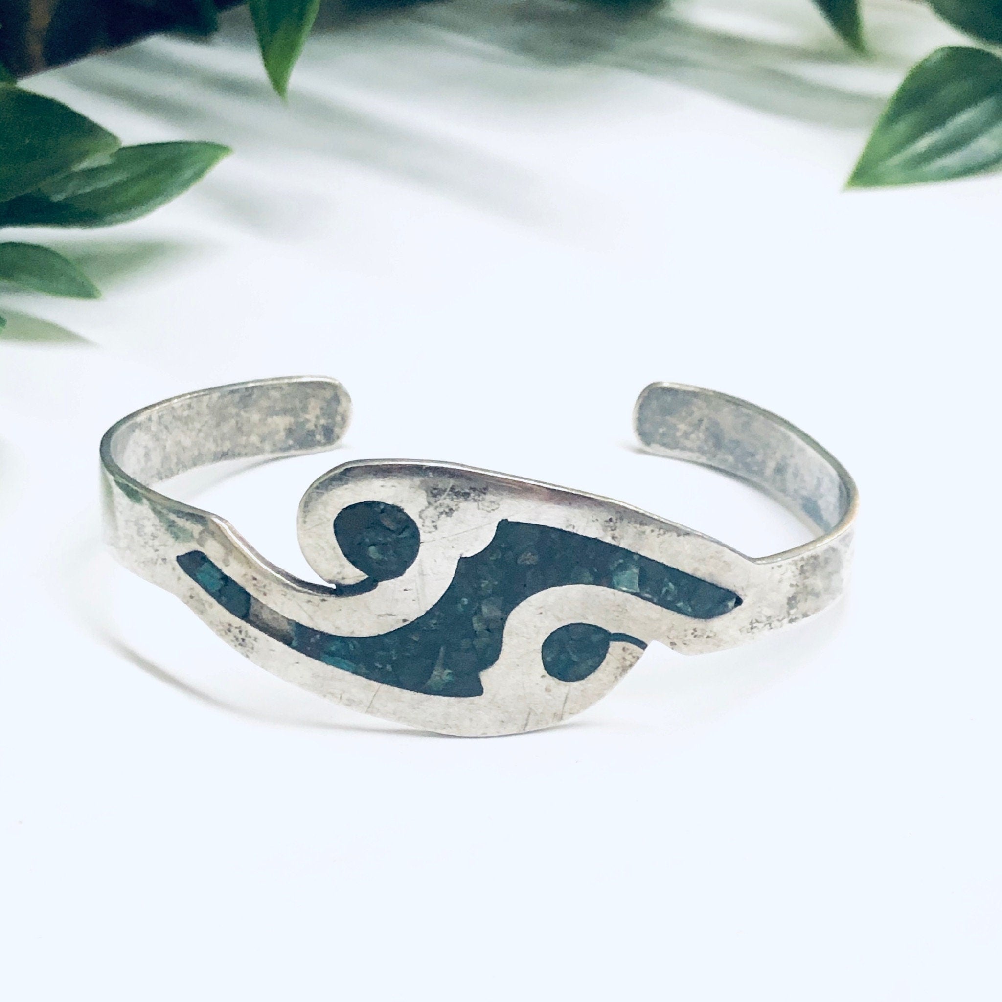 Vintage Silver Cuff Bracelet, Turquoise Bracelet, Inlaid Stone Bracelet, Green Stone Bracelet