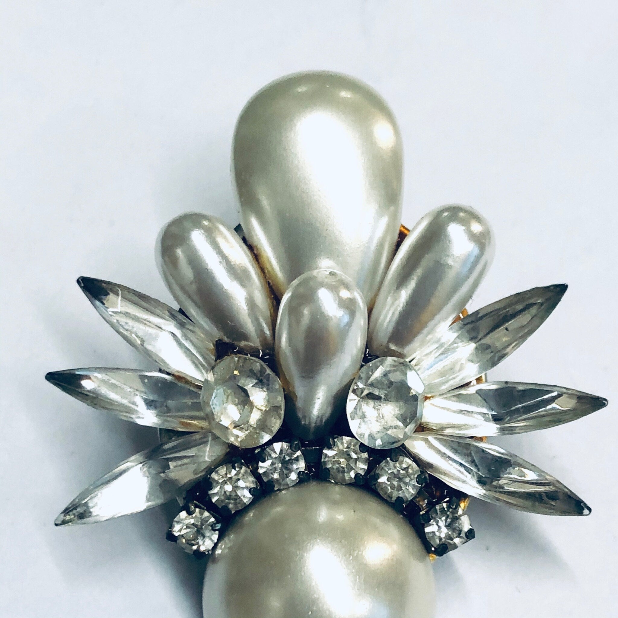 Vintage Clip On Pearl Earrings, Faux Pearl Earrings, Vintage Costume Jewelry, Rhinestone Clip On Earrings, Rhinestone and Pearl Earrings