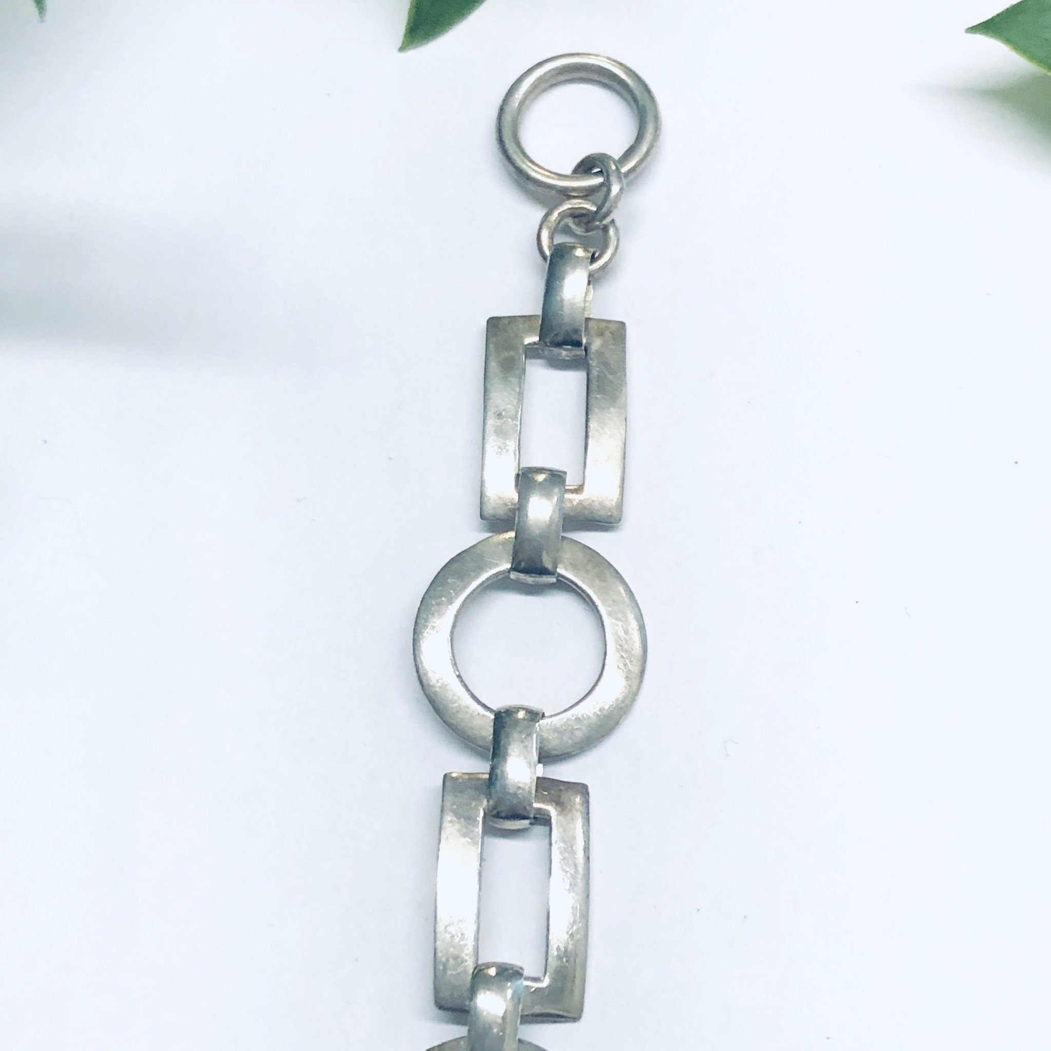 Geometric Link Bracelet, Silver Link Bracelet, Toggle Closure Bracelet, Vintage Bracelet, Cut out Jewelry, Circle Jewelry, Rectangle Jewelry