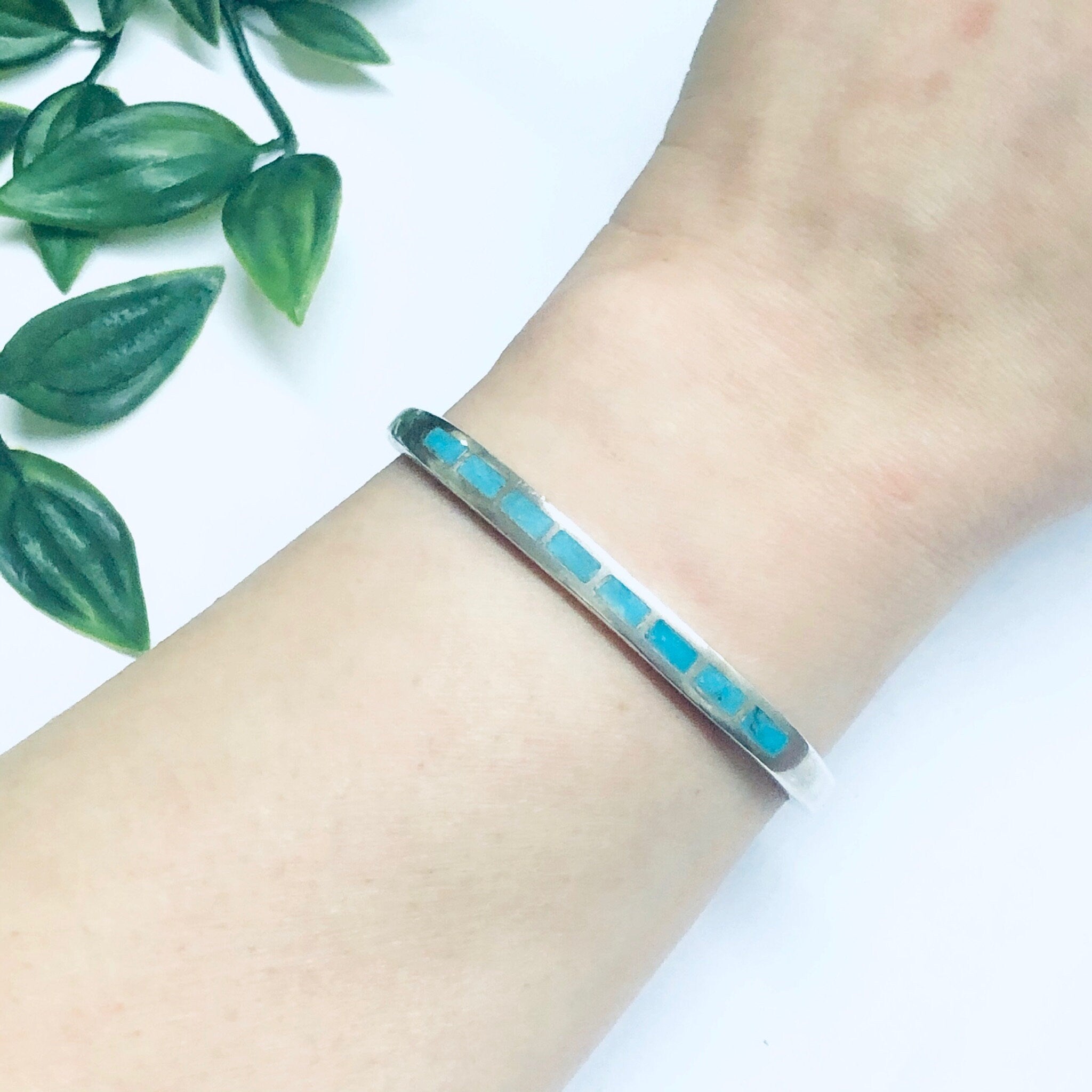 Silver and Turquoise Cuff Bracelet, Small Cuff Bracelet, Silver and blue Jewelry, Vintage Jewelry, Inlaid Turquoise Cuff