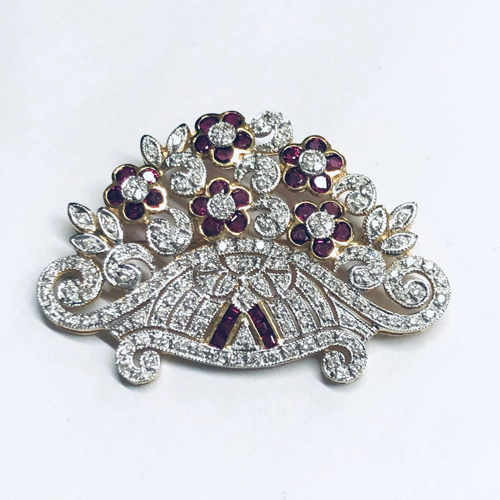 Vintage 18K Gold Brooch, Ruby and Diamond Pin, Ruby Jewelry, Diamond Brooch, 18K Yellow Gold, Yellow Gold Pin, Ruby Flower Pin
