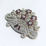 Vintage 18K Gold Brooch, Ruby and Diamond Pin, Ruby Jewelry, Diamond Brooch, 18K Yellow Gold, Yellow Gold Pin, Ruby Flower Pin