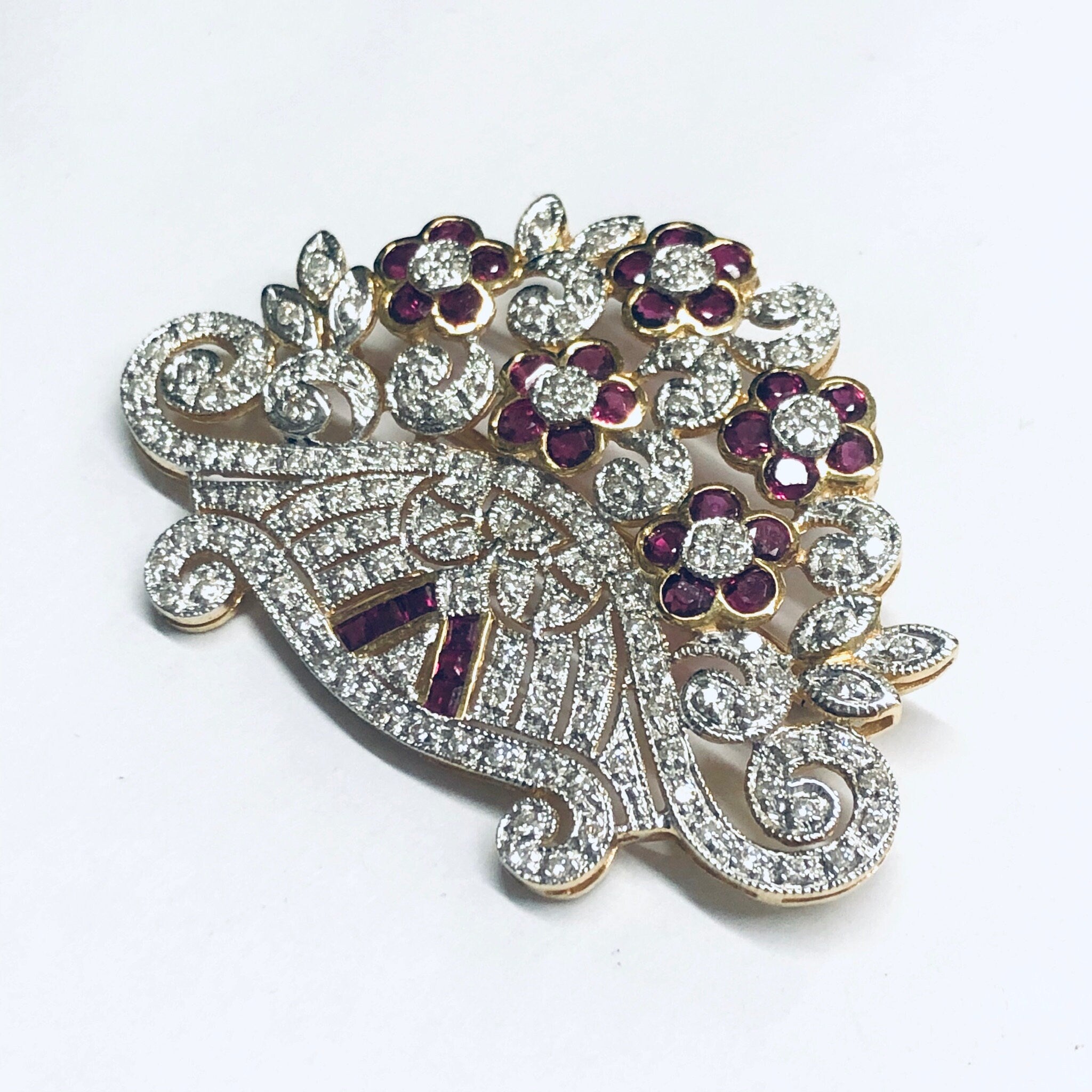 Vintage 18K Gold Brooch, Ruby and Diamond Pin, Ruby Jewelry, Diamond Brooch, 18K Yellow Gold, Yellow Gold Pin, Ruby Flower Pin