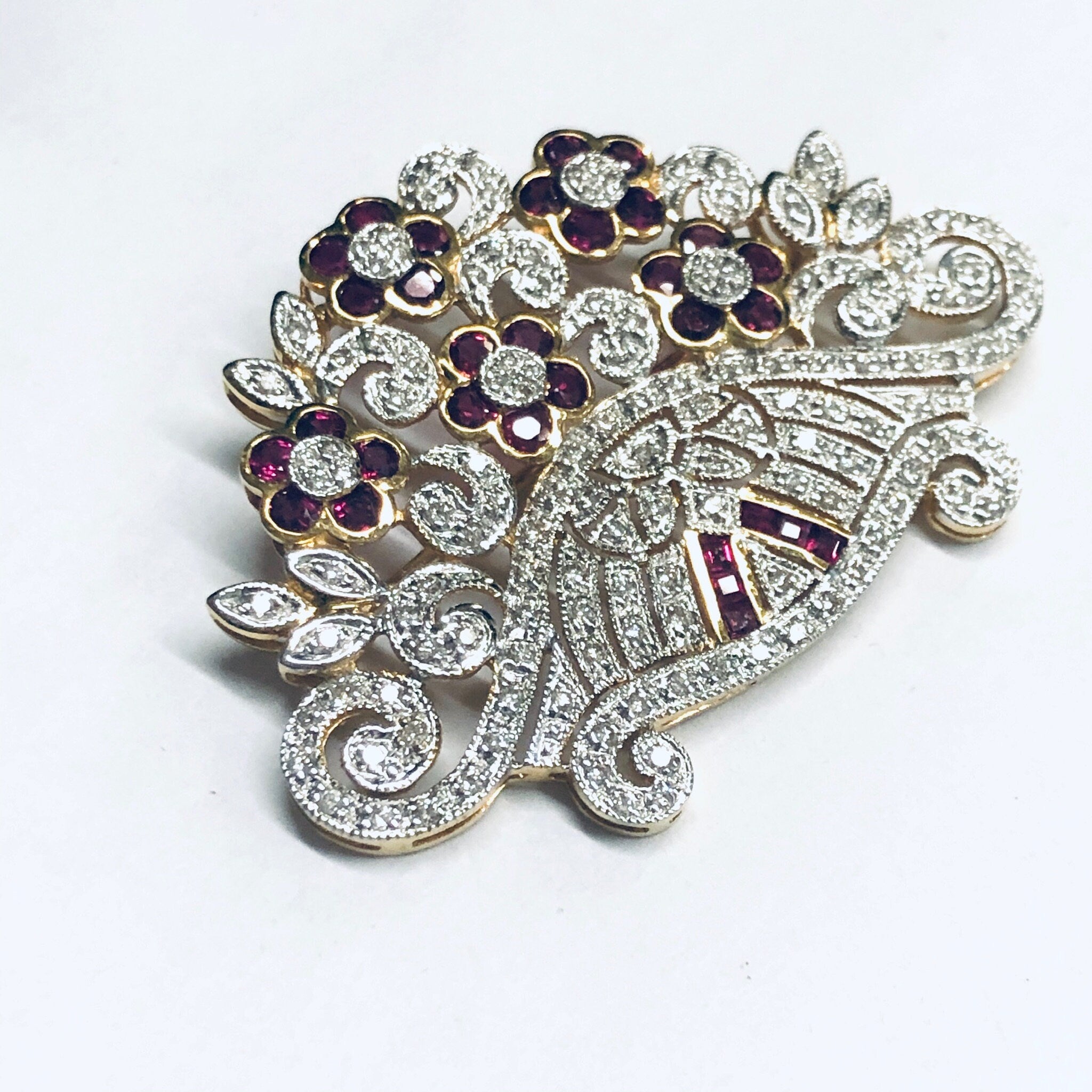 Vintage 18K Gold Brooch, Ruby and Diamond Pin, Ruby Jewelry, Diamond Brooch, 18K Yellow Gold, Yellow Gold Pin, Ruby Flower Pin