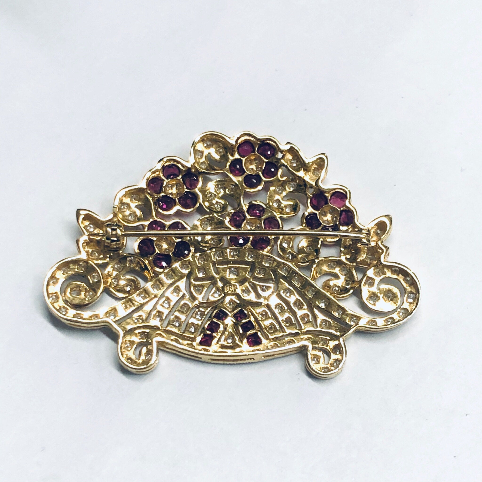 Vintage 18K Gold Brooch, Ruby and Diamond Pin, Ruby Jewelry, Diamond Brooch, 18K Yellow Gold, Yellow Gold Pin, Ruby Flower Pin