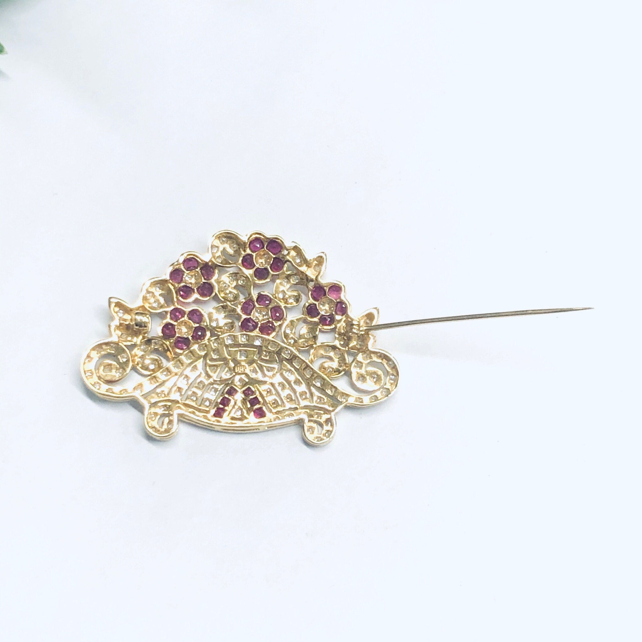 Vintage 18K Gold Brooch, Ruby and Diamond Pin, Ruby Jewelry, Diamond Brooch, 18K Yellow Gold, Yellow Gold Pin, Ruby Flower Pin