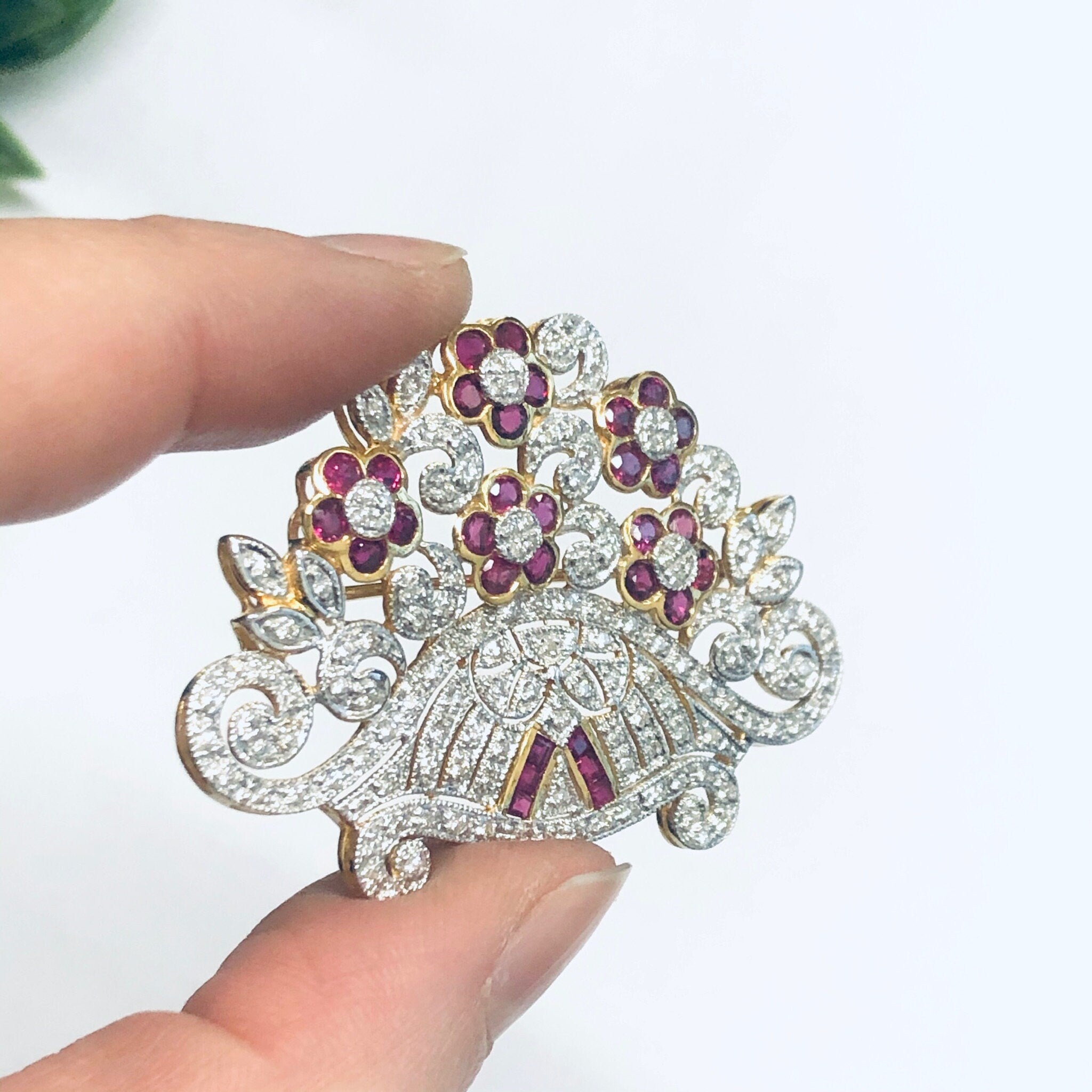 Vintage 18K Gold Brooch, Ruby and Diamond Pin, Ruby Jewelry, Diamond Brooch, 18K Yellow Gold, Yellow Gold Pin, Ruby Flower Pin