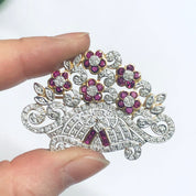 Vintage 18K Gold Brooch, Ruby and Diamond Pin, Ruby Jewelry, Diamond Brooch, 18K Yellow Gold, Yellow Gold Pin, Ruby Flower Pin