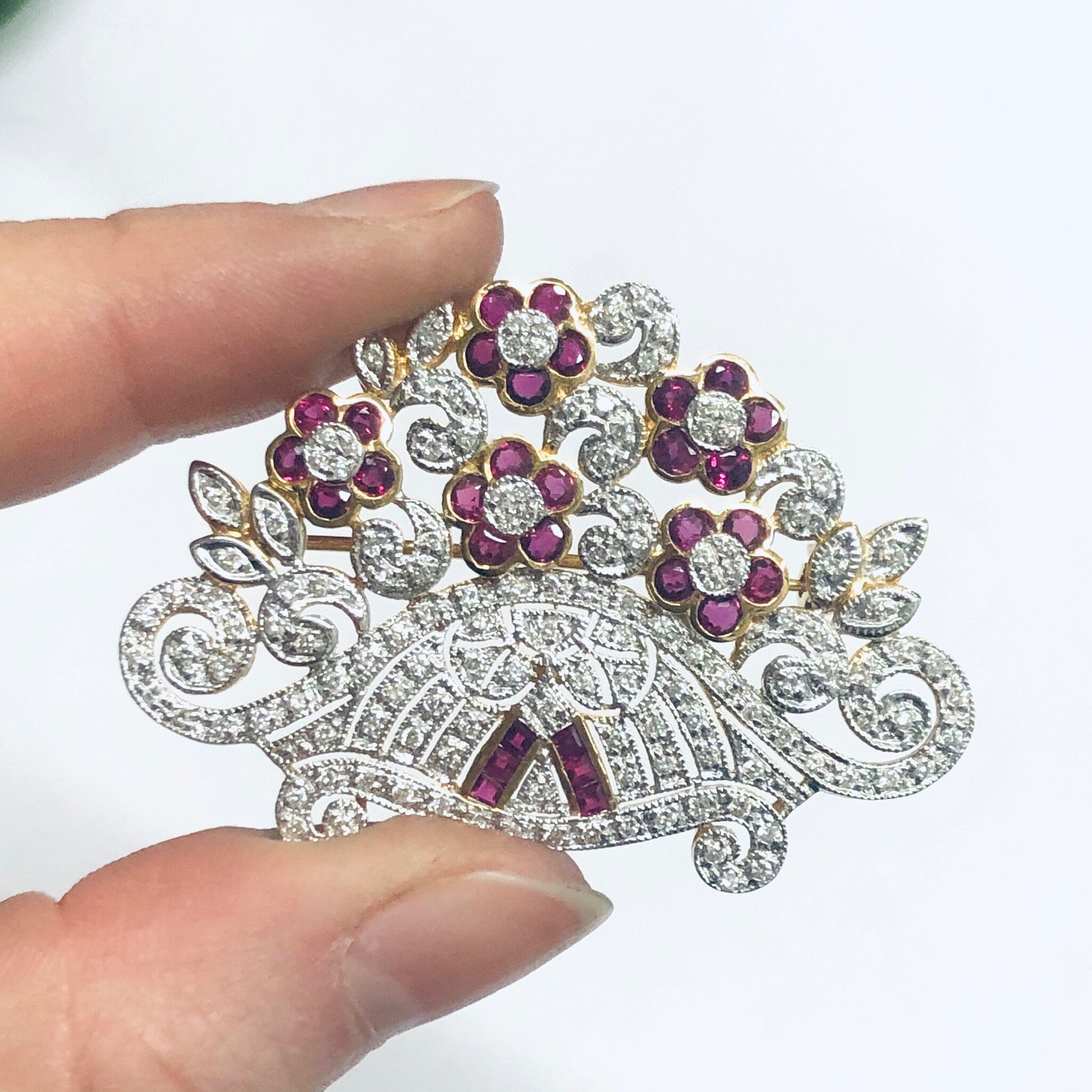 Vintage 18K Gold Brooch, Ruby and Diamond Pin, Ruby Jewelry, Diamond Brooch, 18K Yellow Gold, Yellow Gold Pin, Ruby Flower Pin