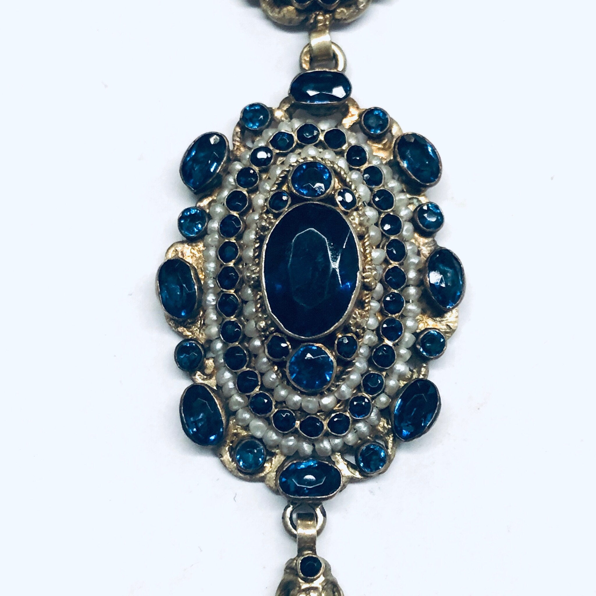 Gold Toned Jewelry Set, Lavaliere Necklace, Costume Jewelry Set, Dark Blue Gemstone Necklace, Vintage Jewelry Set, Gold and Blue Earrings