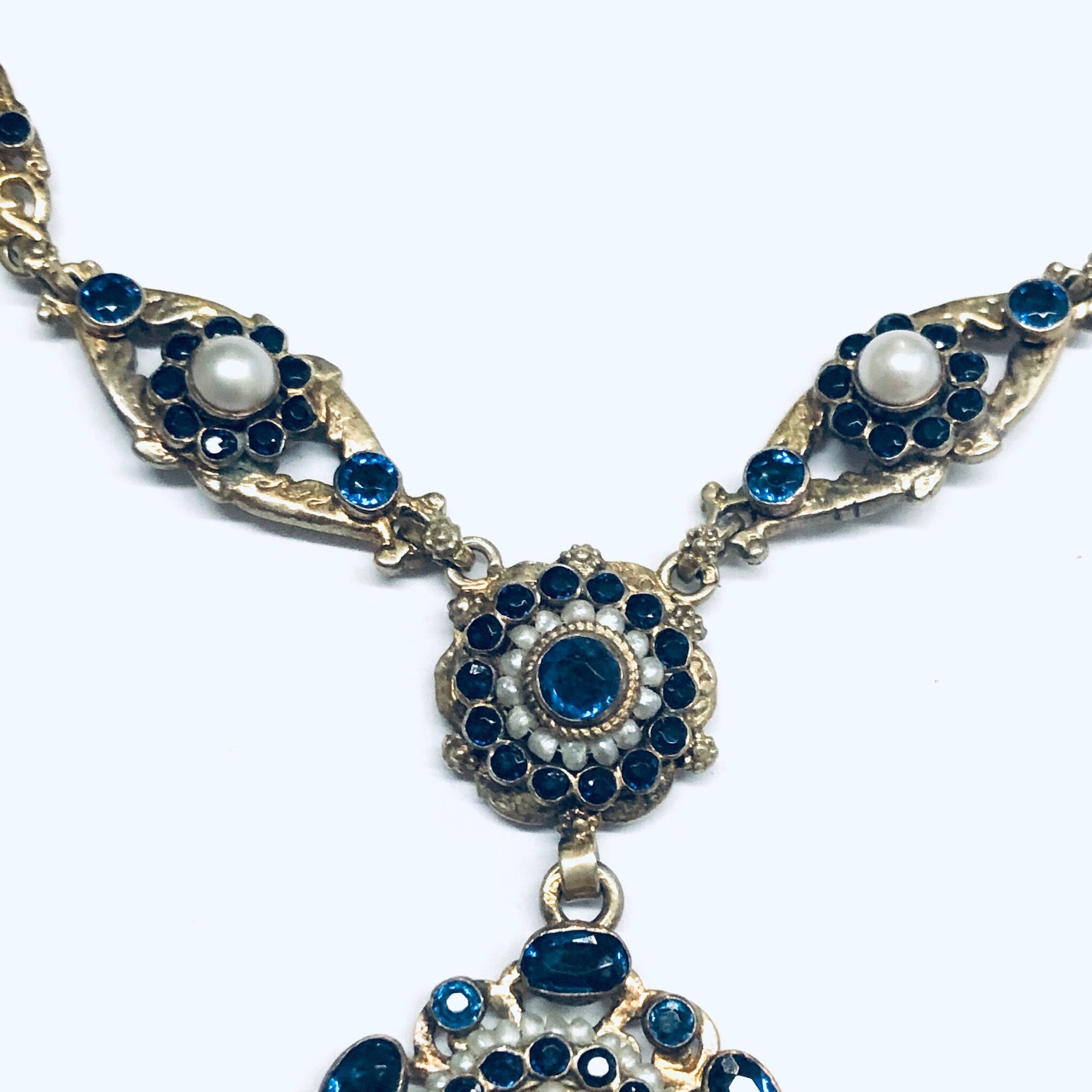 Gold Toned Jewelry Set, Lavaliere Necklace, Costume Jewelry Set, Dark Blue Gemstone Necklace, Vintage Jewelry Set, Gold and Blue Earrings