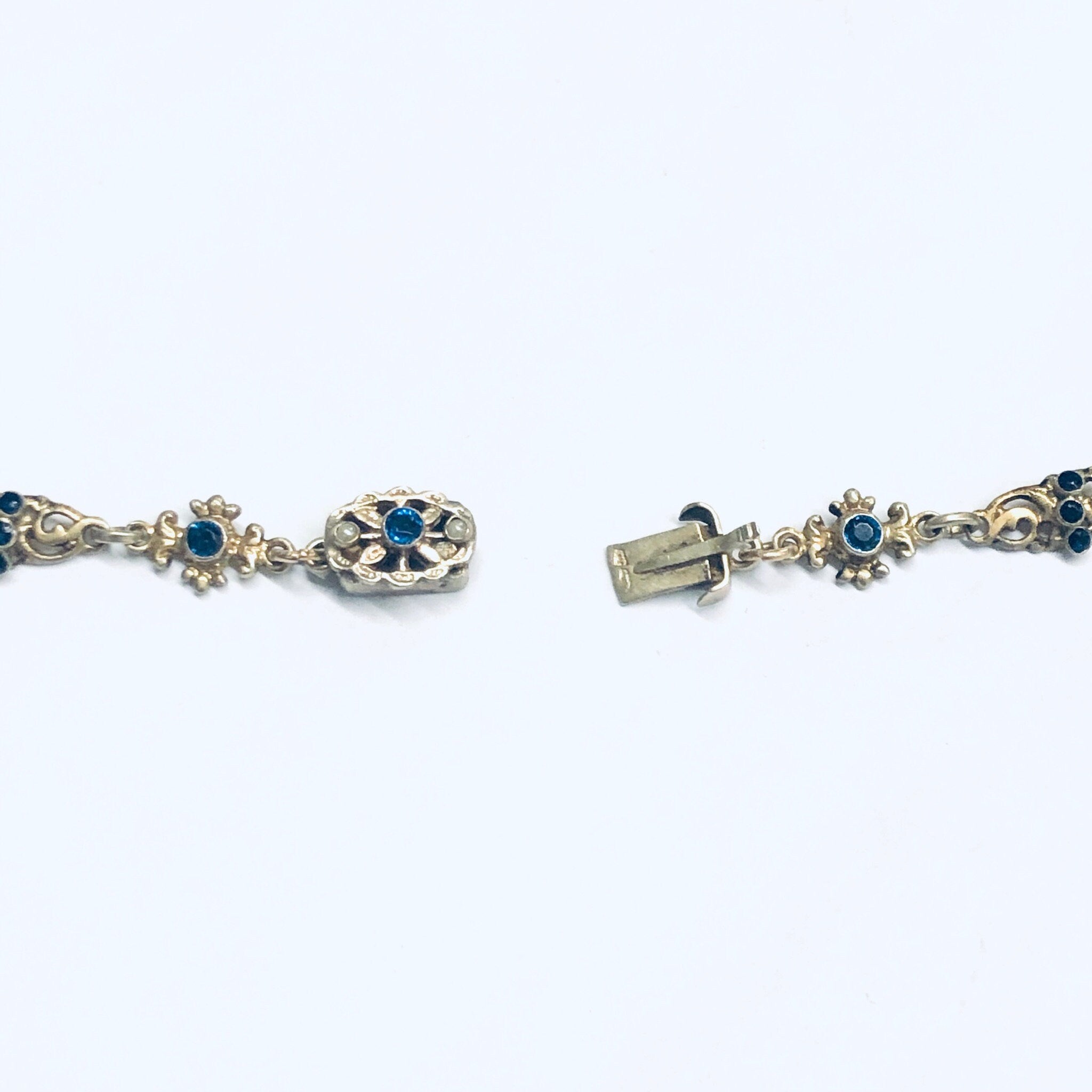 Gold Toned Jewelry Set, Lavaliere Necklace, Costume Jewelry Set, Dark Blue Gemstone Necklace, Vintage Jewelry Set, Gold and Blue Earrings