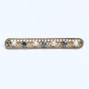 Vintage 14K Gold Pearl Seed Gemstone Bar Pin, Yellow Gold Lattice Design, Faceted Blue Gemstones, Cute Jacket Pin, 1 3/4" L
