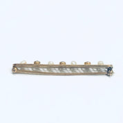 Vintage 14K Gold Pearl Seed Gemstone Bar Pin, Yellow Gold Lattice Design, Faceted Blue Gemstones, Cute Jacket Pin, 1 3/4" L