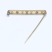Vintage 14K Gold Pearl Seed Gemstone Bar Pin, Yellow Gold Lattice Design, Faceted Blue Gemstones, Cute Jacket Pin, 1 3/4" L