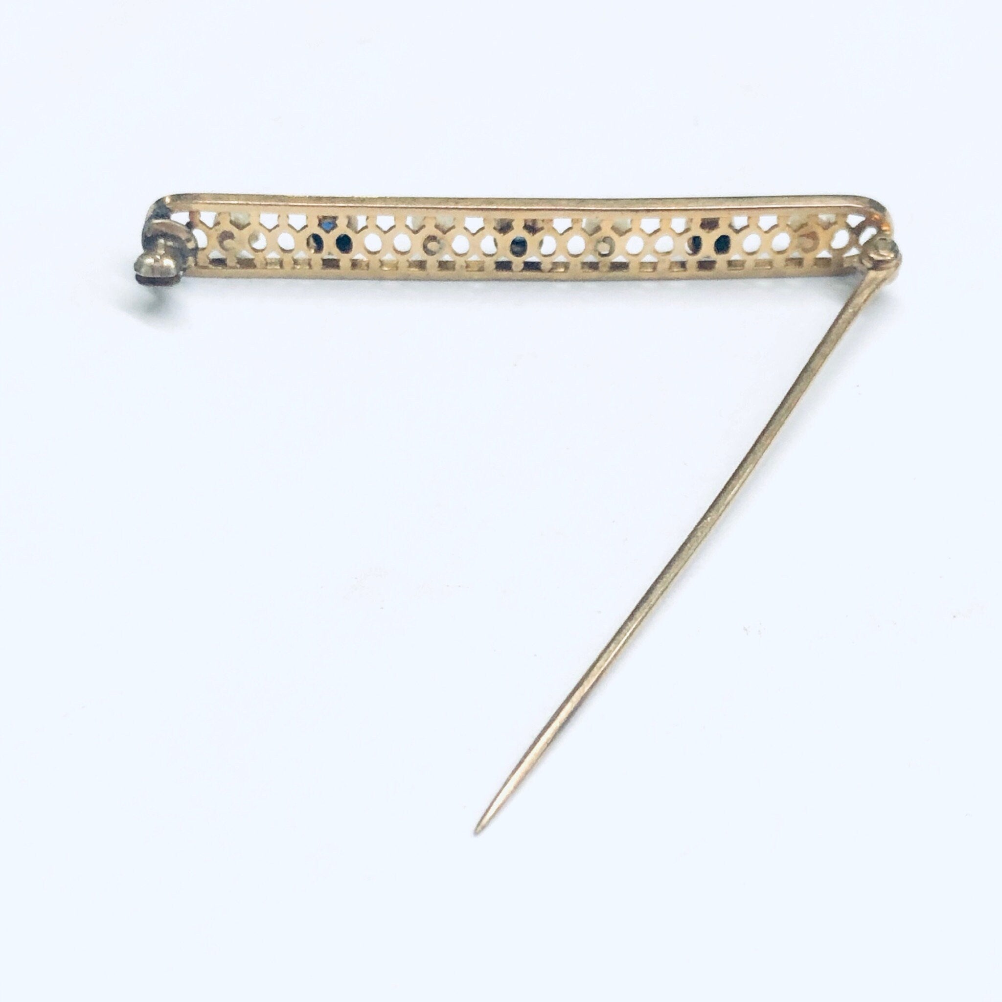 Vintage 14K Gold Pearl Seed Gemstone Bar Pin, Yellow Gold Lattice Design, Faceted Blue Gemstones, Cute Jacket Pin, 1 3/4" L