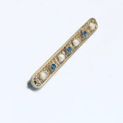 Vintage 14K Gold Pearl Seed Gemstone Bar Pin, Yellow Gold Lattice Design, Faceted Blue Gemstones, Cute Jacket Pin, 1 3/4" L