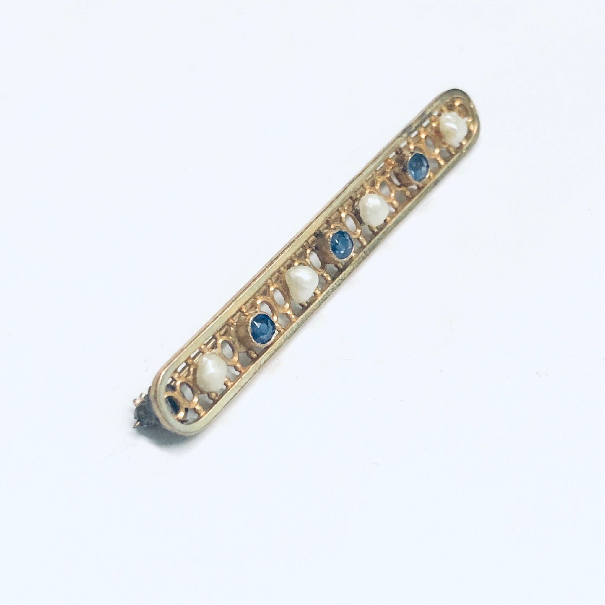 Vintage 14K Gold Pearl Seed Gemstone Bar Pin, Yellow Gold Lattice Design, Faceted Blue Gemstones, Cute Jacket Pin, 1 3/4" L