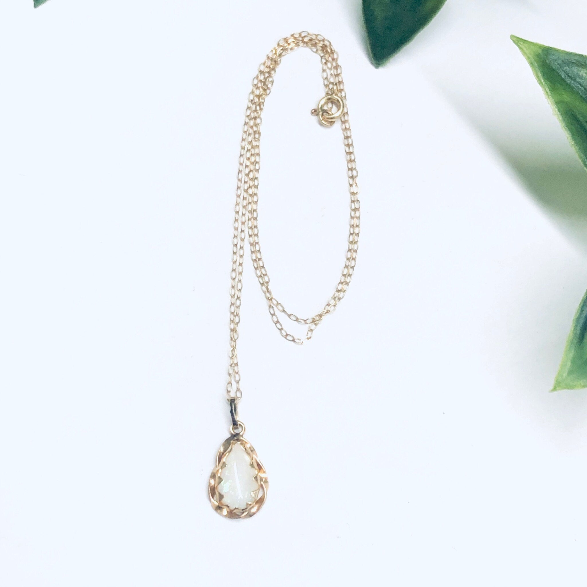 Opal and Gold Necklace, Vintage Opal Pendant, Small Opal Pendant, 14K Gold Chain, Teardrop Opal, 14K Gold Necklace