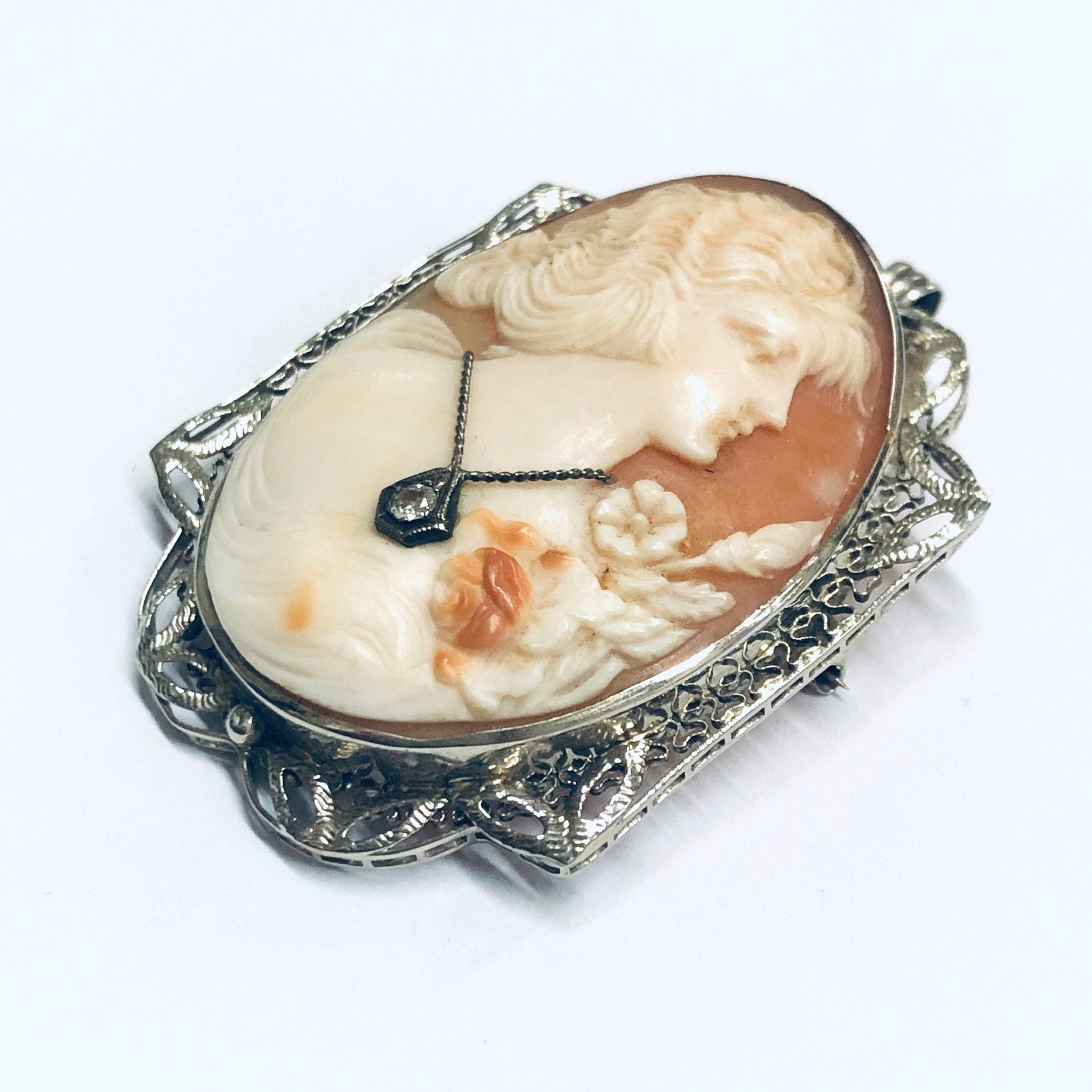 Vintage Gold Cameo, White Gold Cameo, Cameo Pendant, Cameo Brooch, 14K White Gold, Diamond Cameo