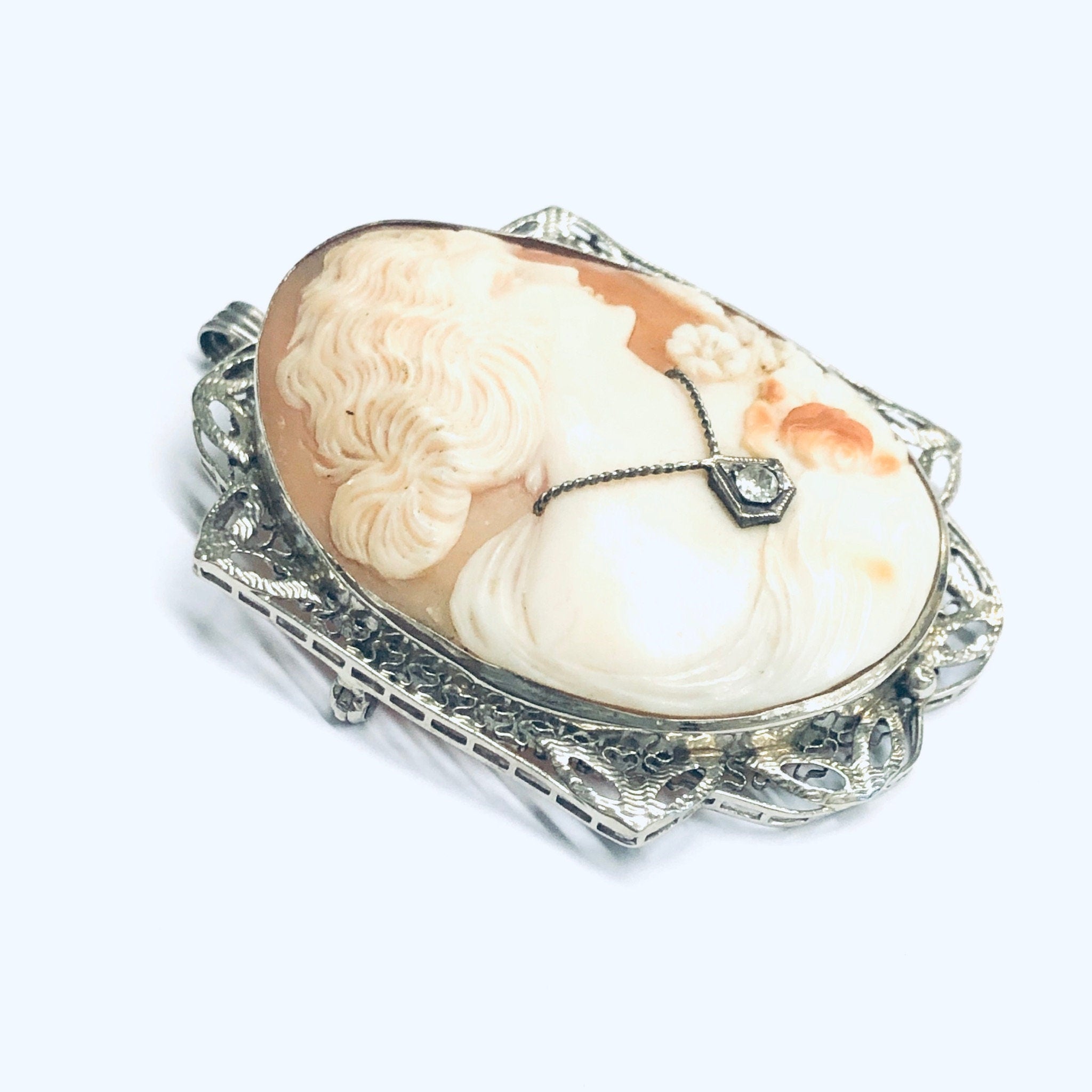 Vintage Gold Cameo, White Gold Cameo, Cameo Pendant, Cameo Brooch, 14K White Gold, Diamond Cameo